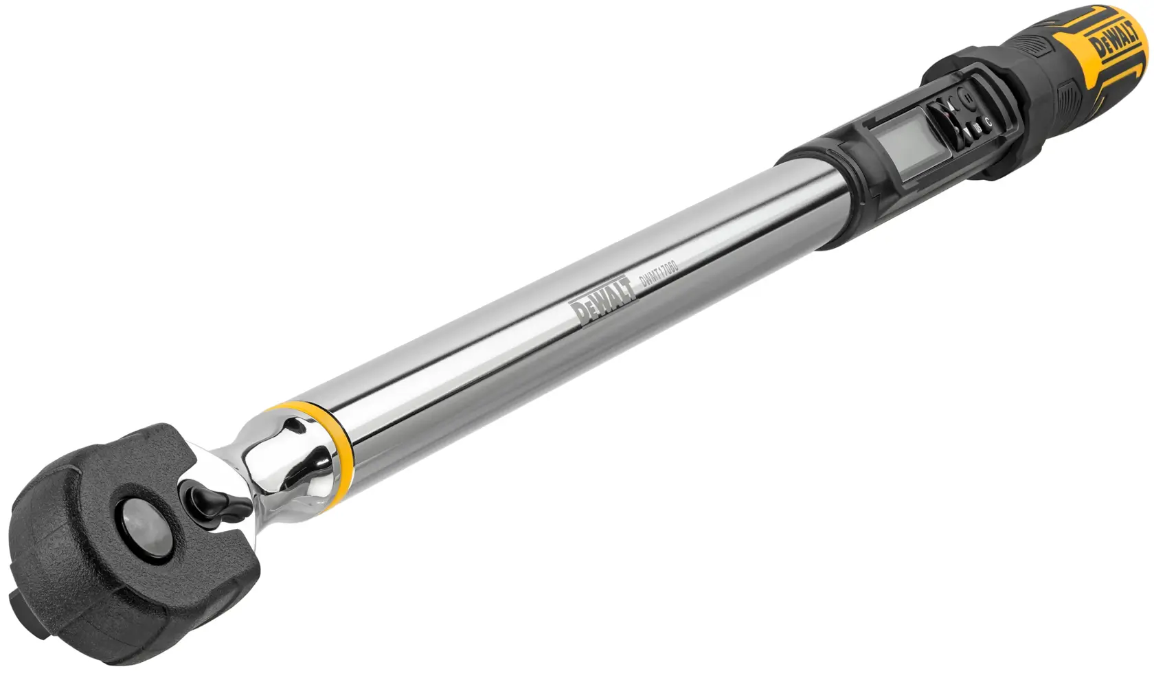 Digital Torque Wrench on white background angled to show the end of tool