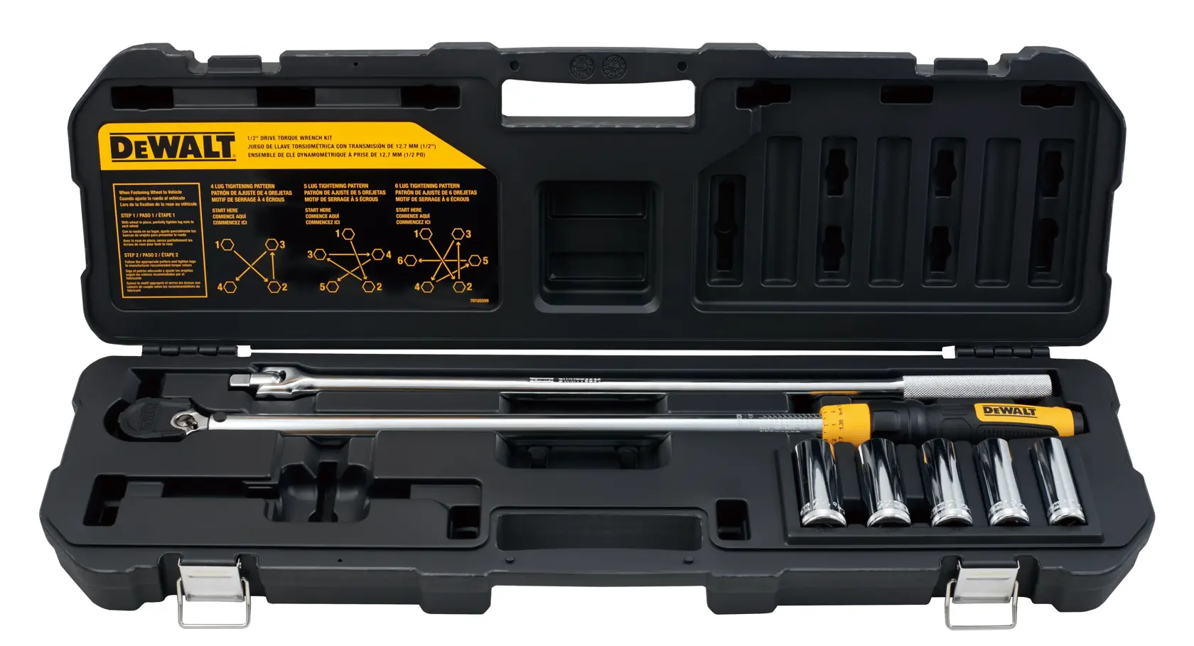 A DEWALT torque wrench set in a black hard plastic carrying case, containing a torque wrench, extension bar, and several socket attachments. The inside of the lid displays instructions and diagrams.