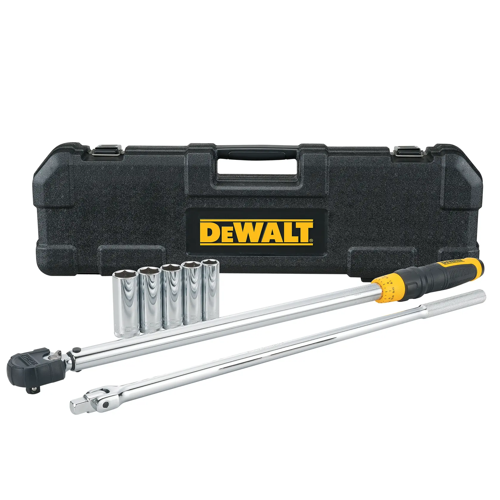 A DEWALT-branded black carrying case with a set of metal socket tools and wrenches displayed in front. The set includes several shiny sockets and long-handled torque wrench tools.