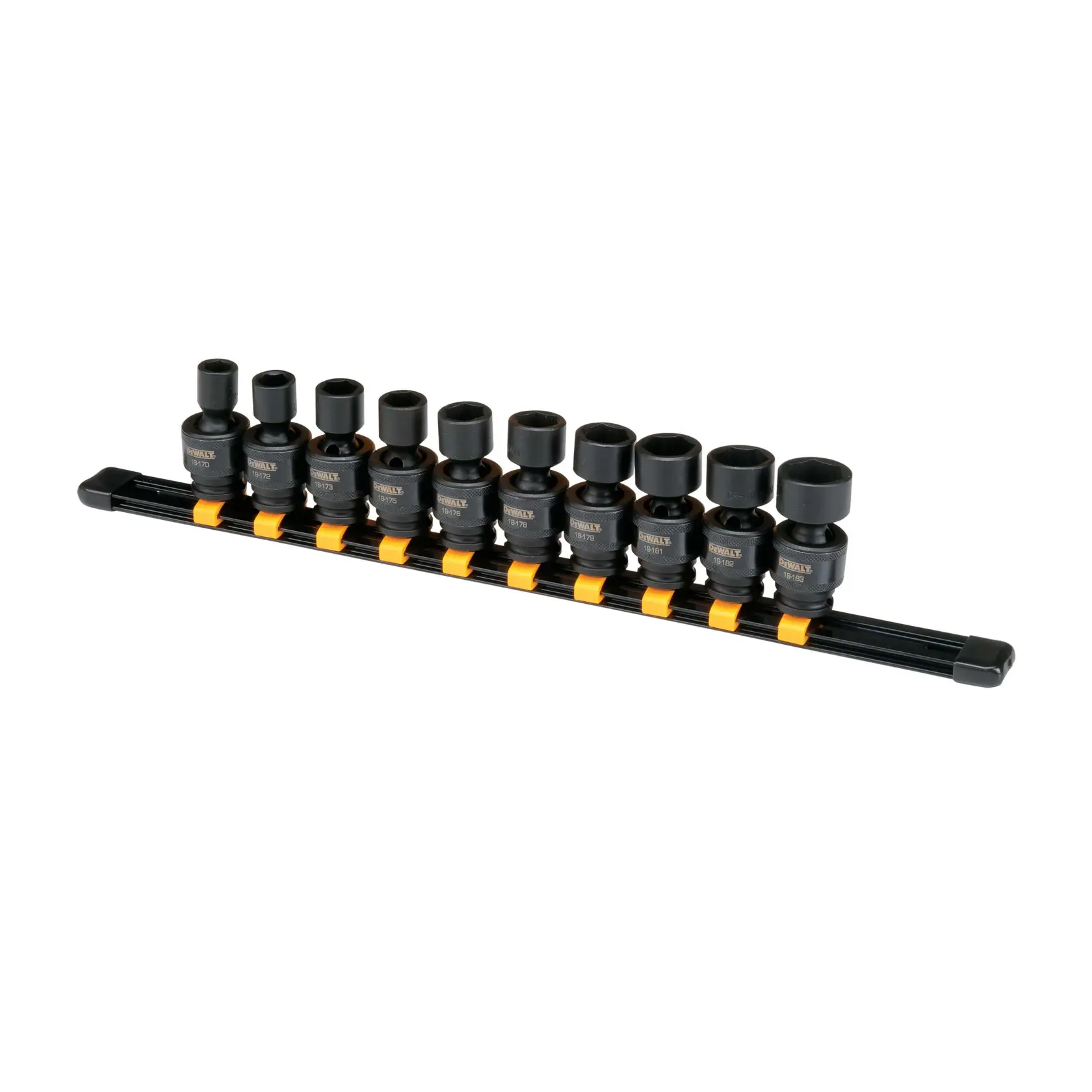 Profile of DEWALT 10 piece 3 eighths inch drive metric impact universal socket set.
