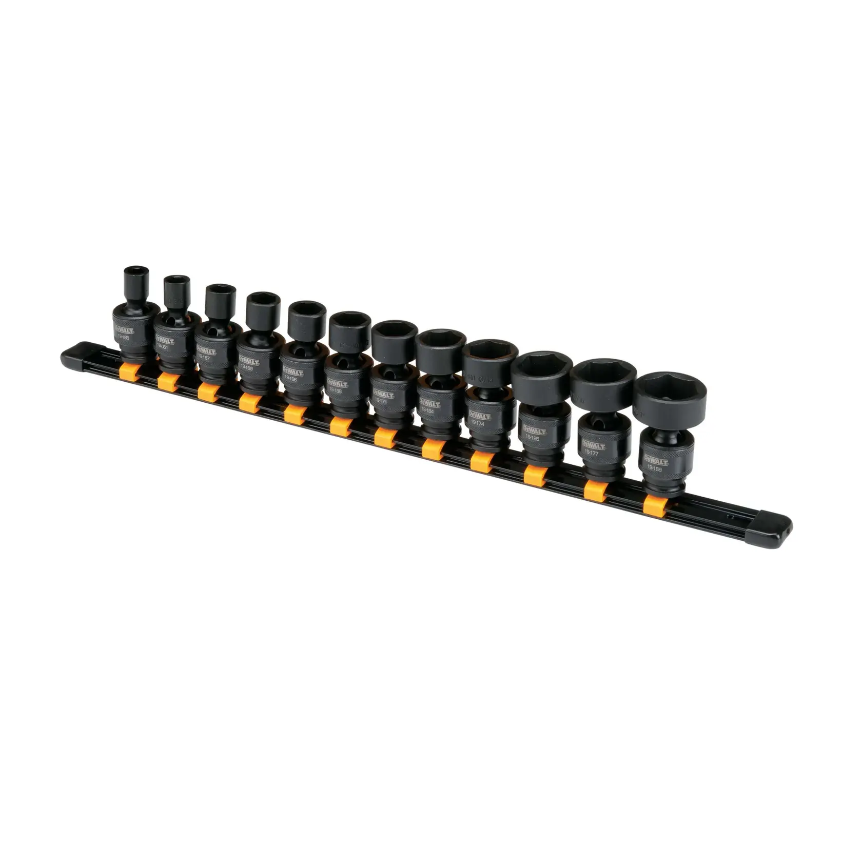 Profile of 12 piece DEWALT 3 eighths inch drive impact universal socket set.