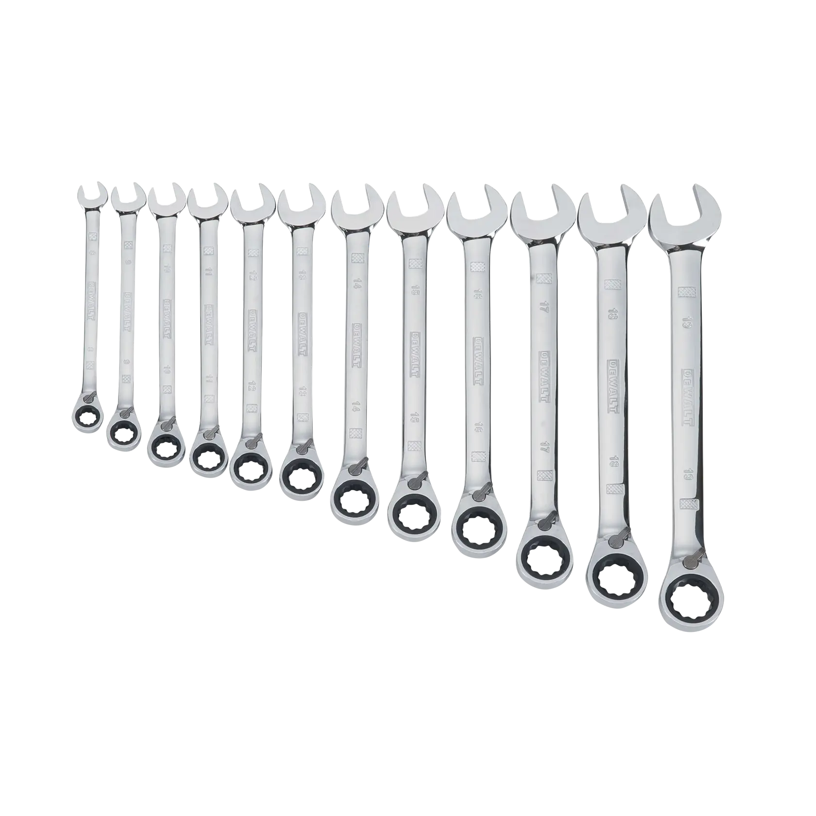 Profile of DEWALT 12 piece reversible ratcheting wrench set.