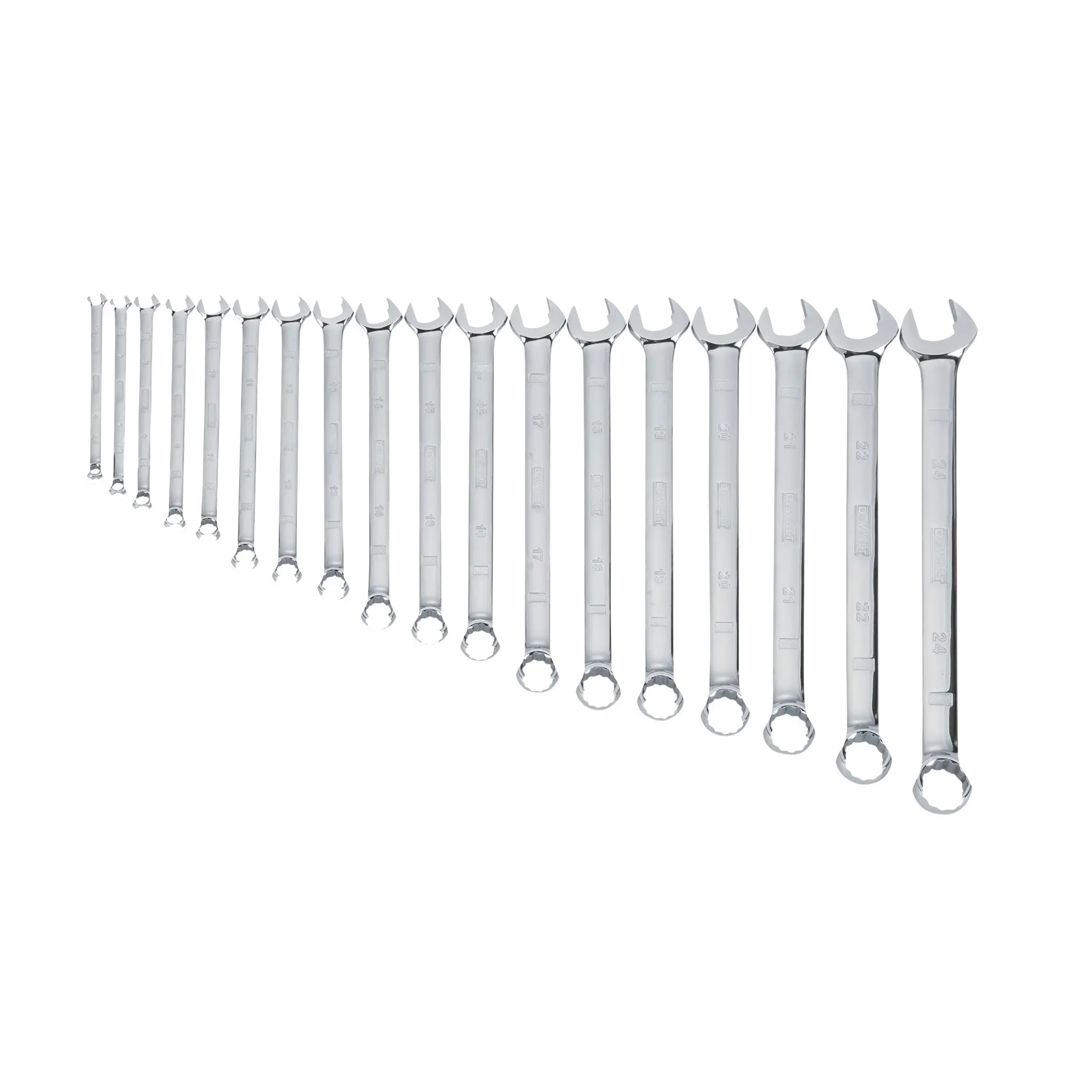 Profile of DEWALT 18 piece combination metric wrench set.