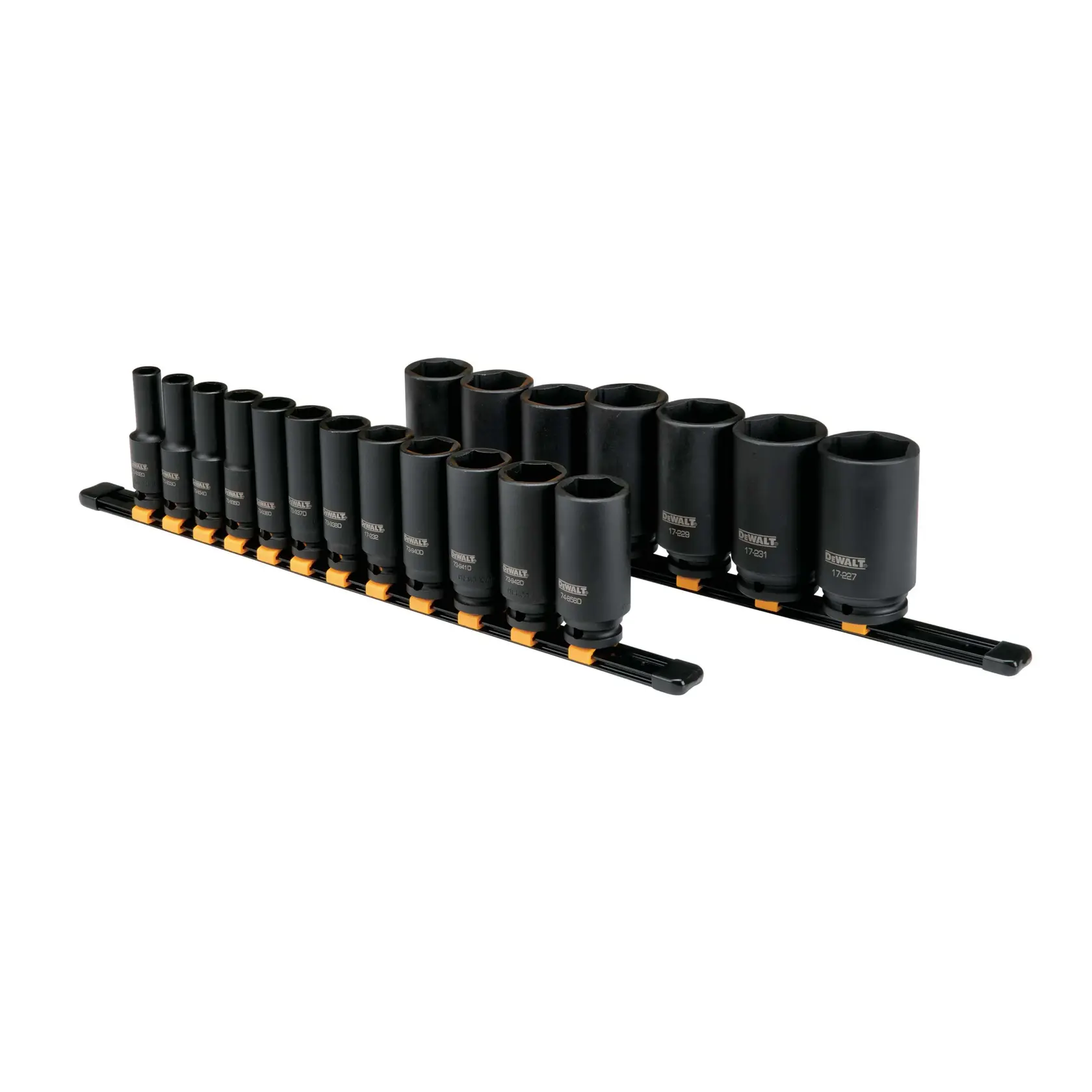 Profile of 6 point DEWALT 19 piece half inch drive deep impact socket set.