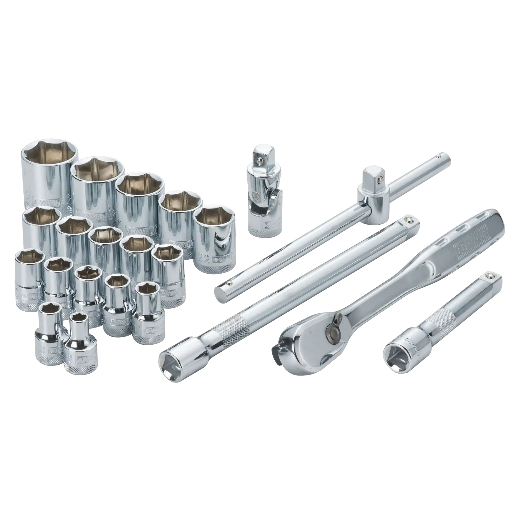 Profile of 6 point DEWALT 22 piece half inch drive metric socket set.