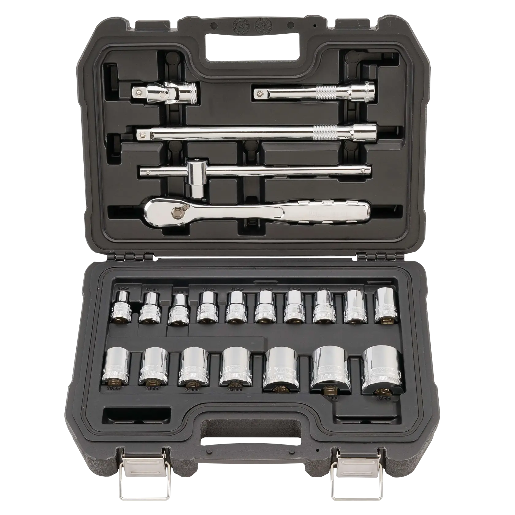 Profile of 6 point DEWALT 22 piece half inch drive metric socket set.