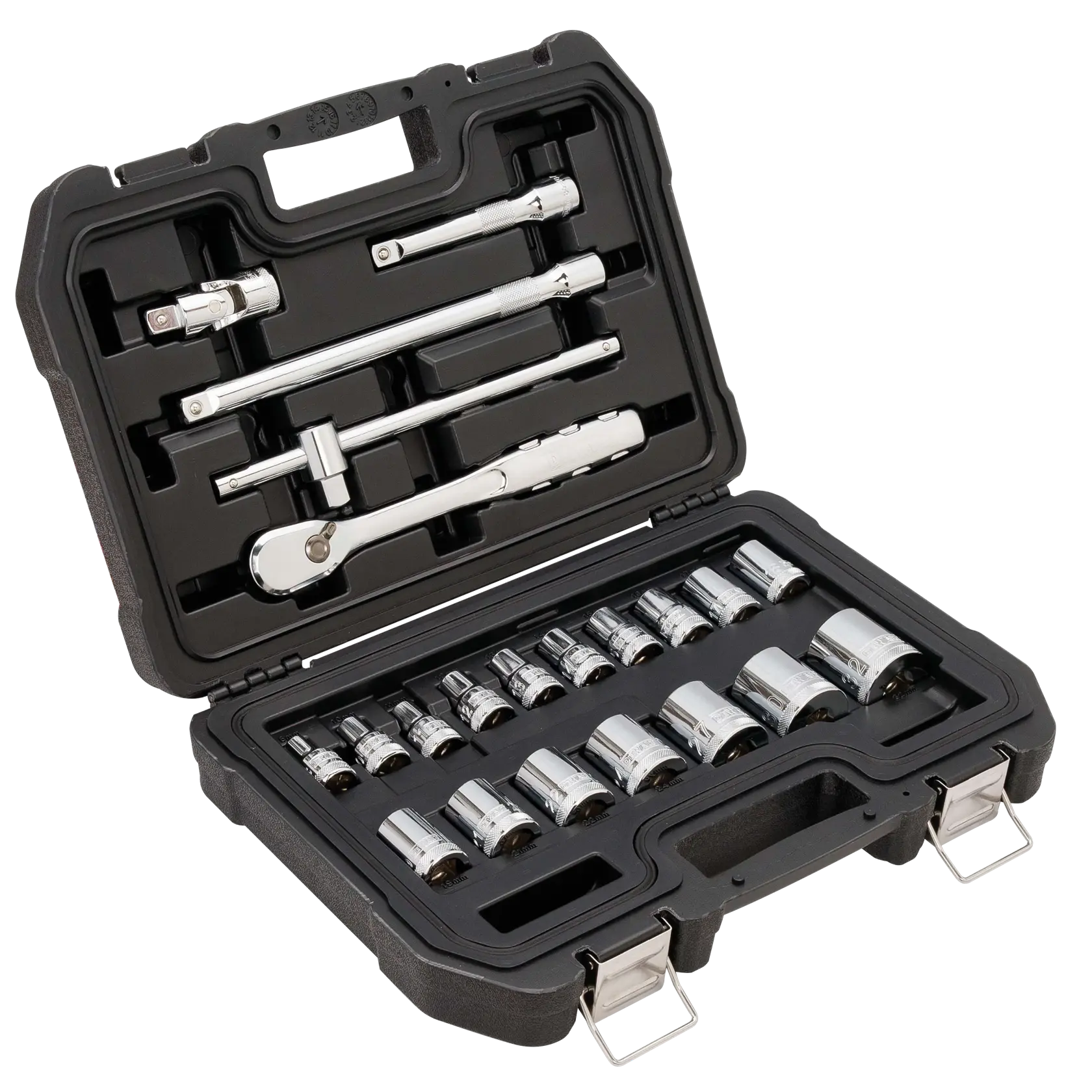 Profile of 6 point DEWALT 22 piece half inch drive metric socket set assembled in its case.