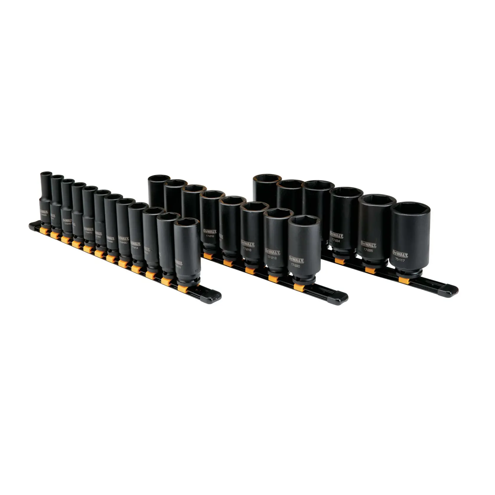 A set of DEWALT black impact socket wrenches neatly organized on two rail holders. The socket set includes various sizes and is suitable for mechanical and automotive work.