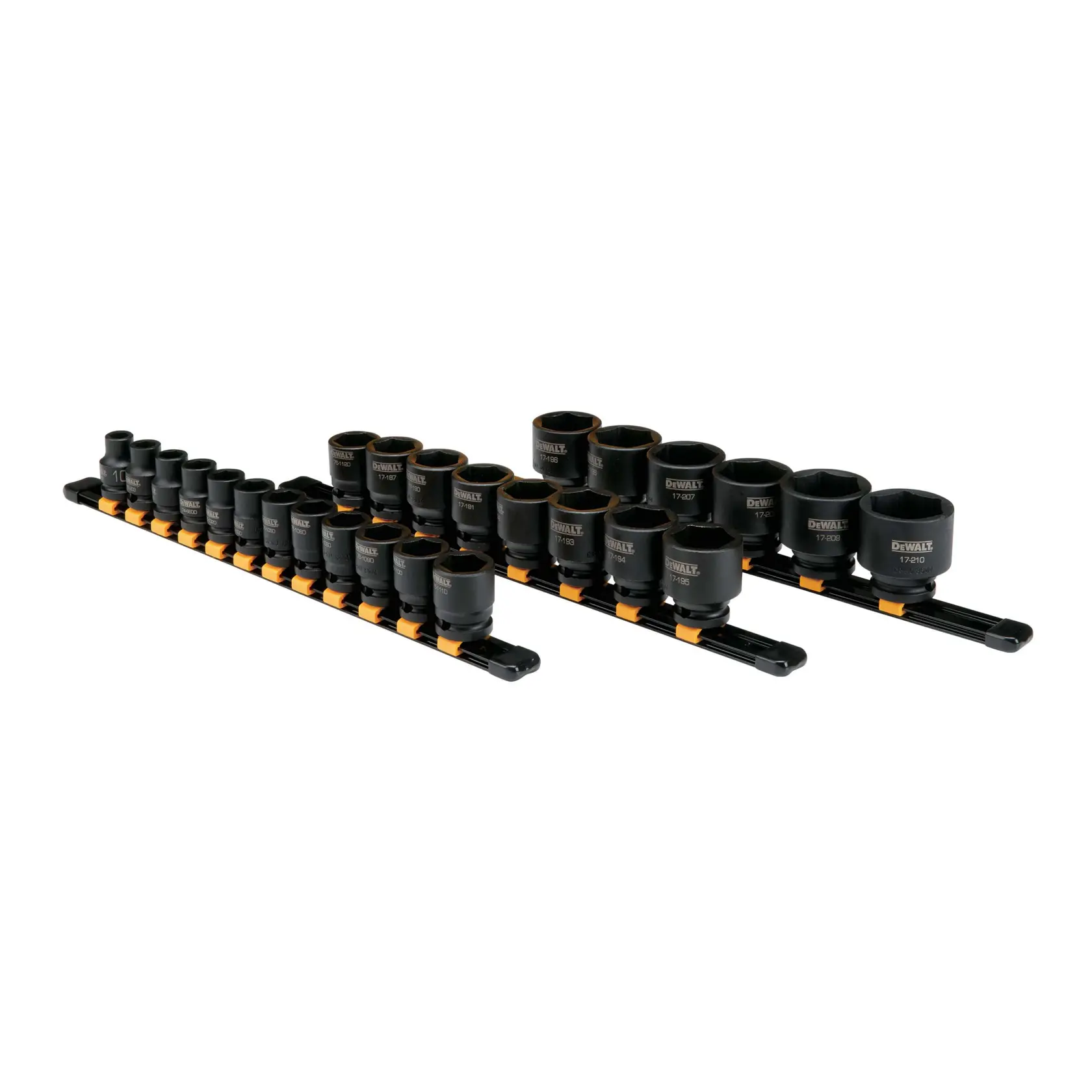 Profile of 6 point DEWALT 26 piece half inch drive metric impact socket set.
