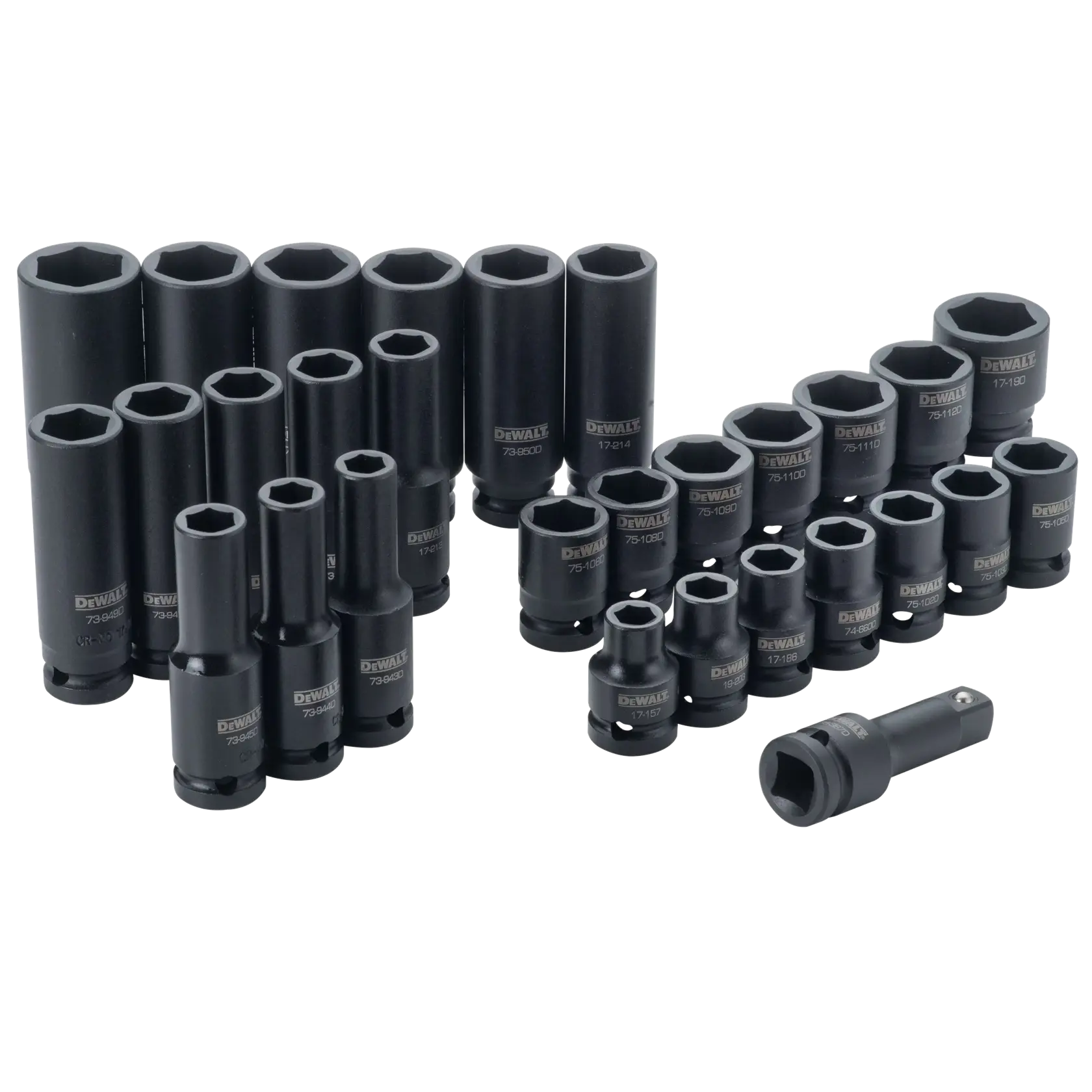 Profile of DEWALT 30 piece half inch drive combination impact socket set.