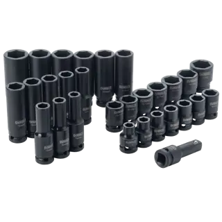 Profile of DEWALT 30 piece half inch drive combination impact socket set.