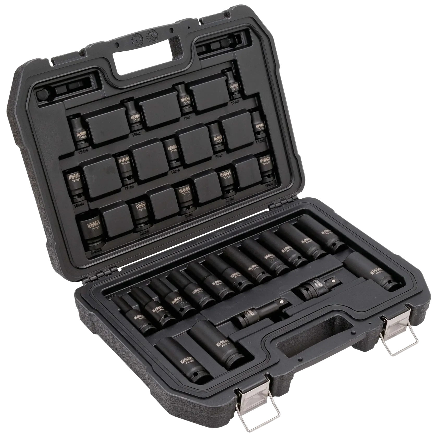 Profile of DEWALT 30 piece half inch drive combination impact socket set assembled in its case.
