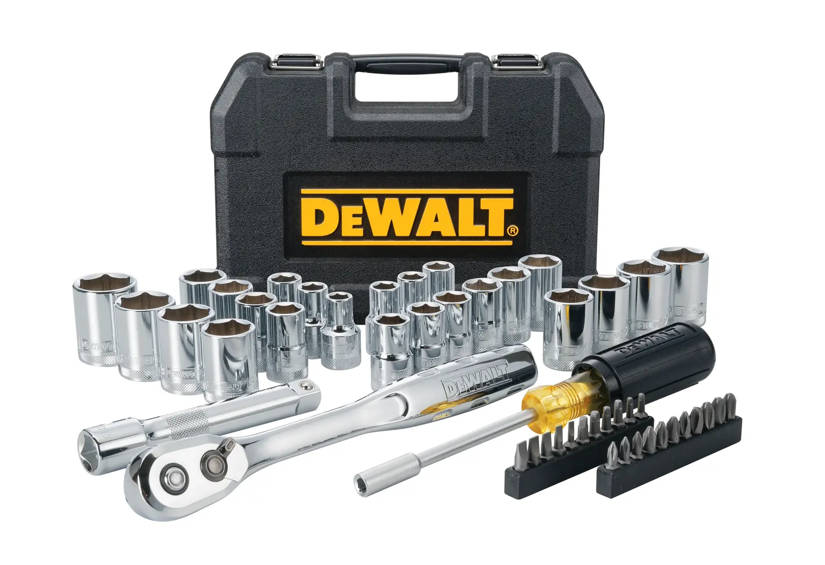 DEWALT 49 piece mechanics tool set with its case.