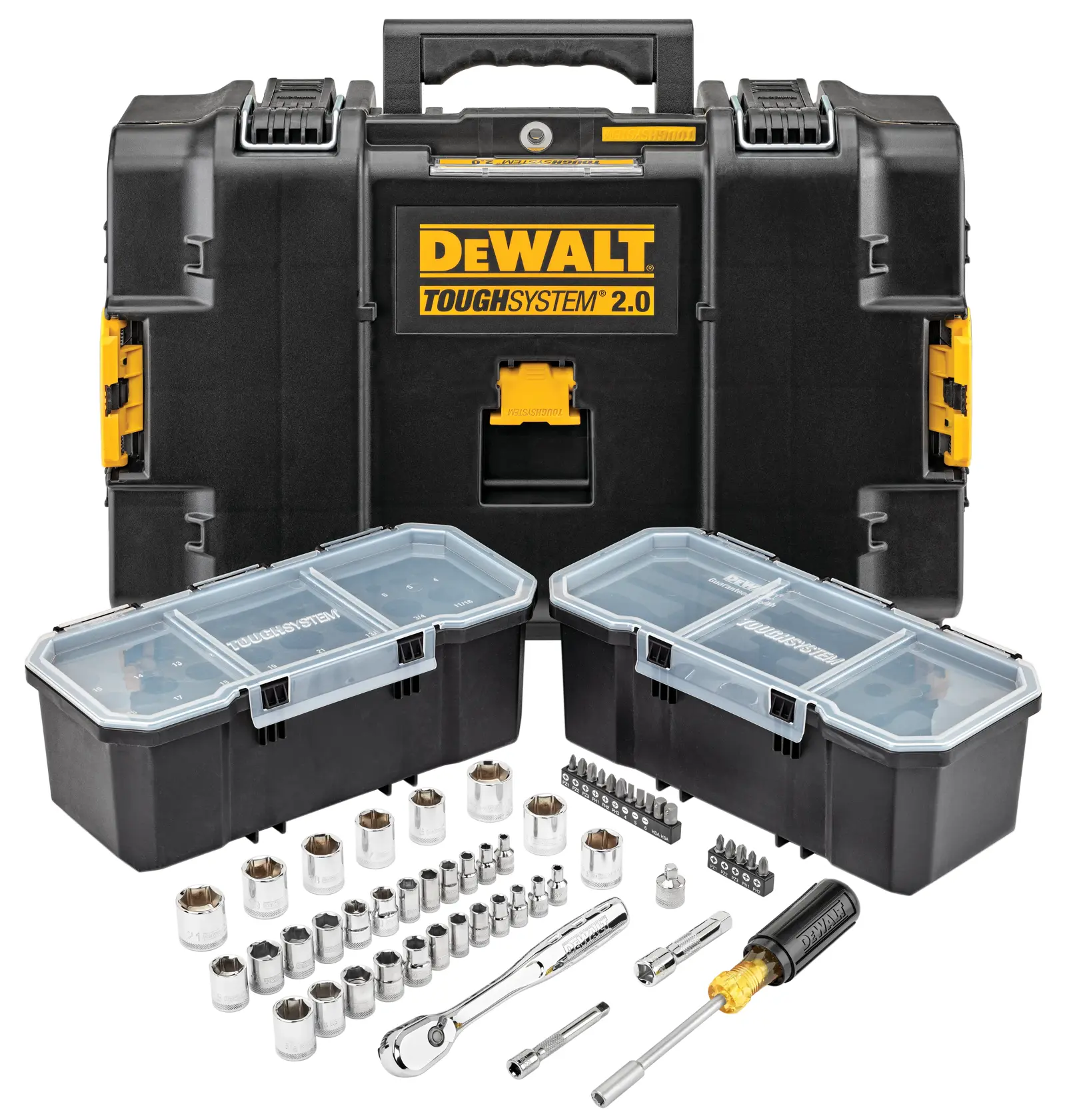 Profile of DEWALT 53 piece mechanics tool set with tough system 2.0 toolbox.