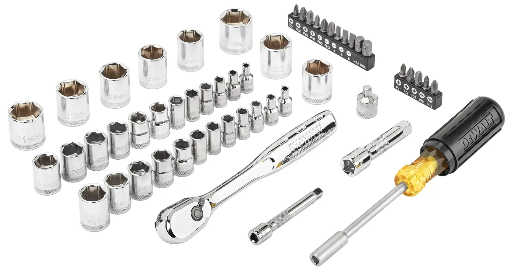 Profile of DEWALT 53 piece mechanics tool set with tough system 2.0 toolbox.