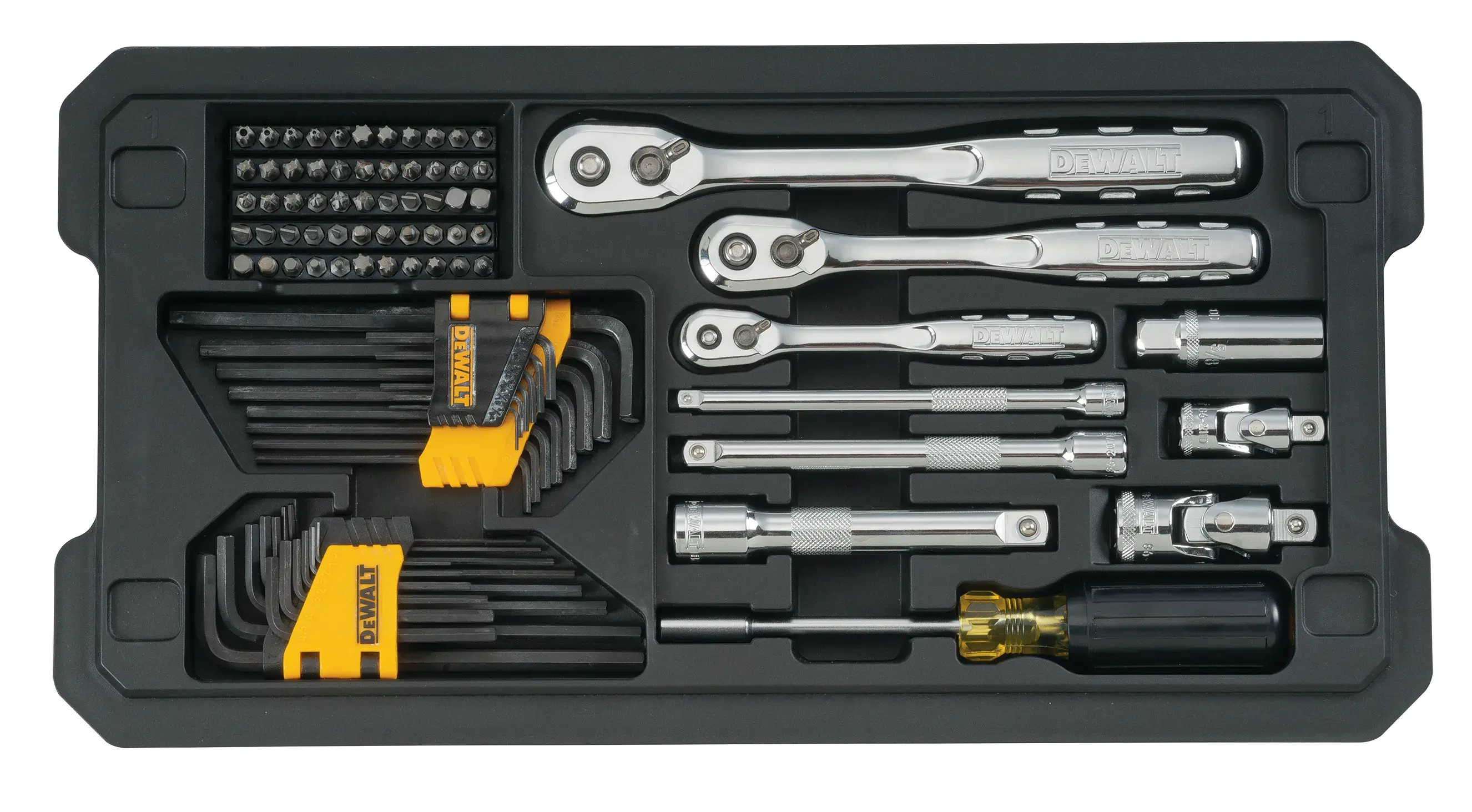 226 piece DEWALT mechanics tools set in removable tray.