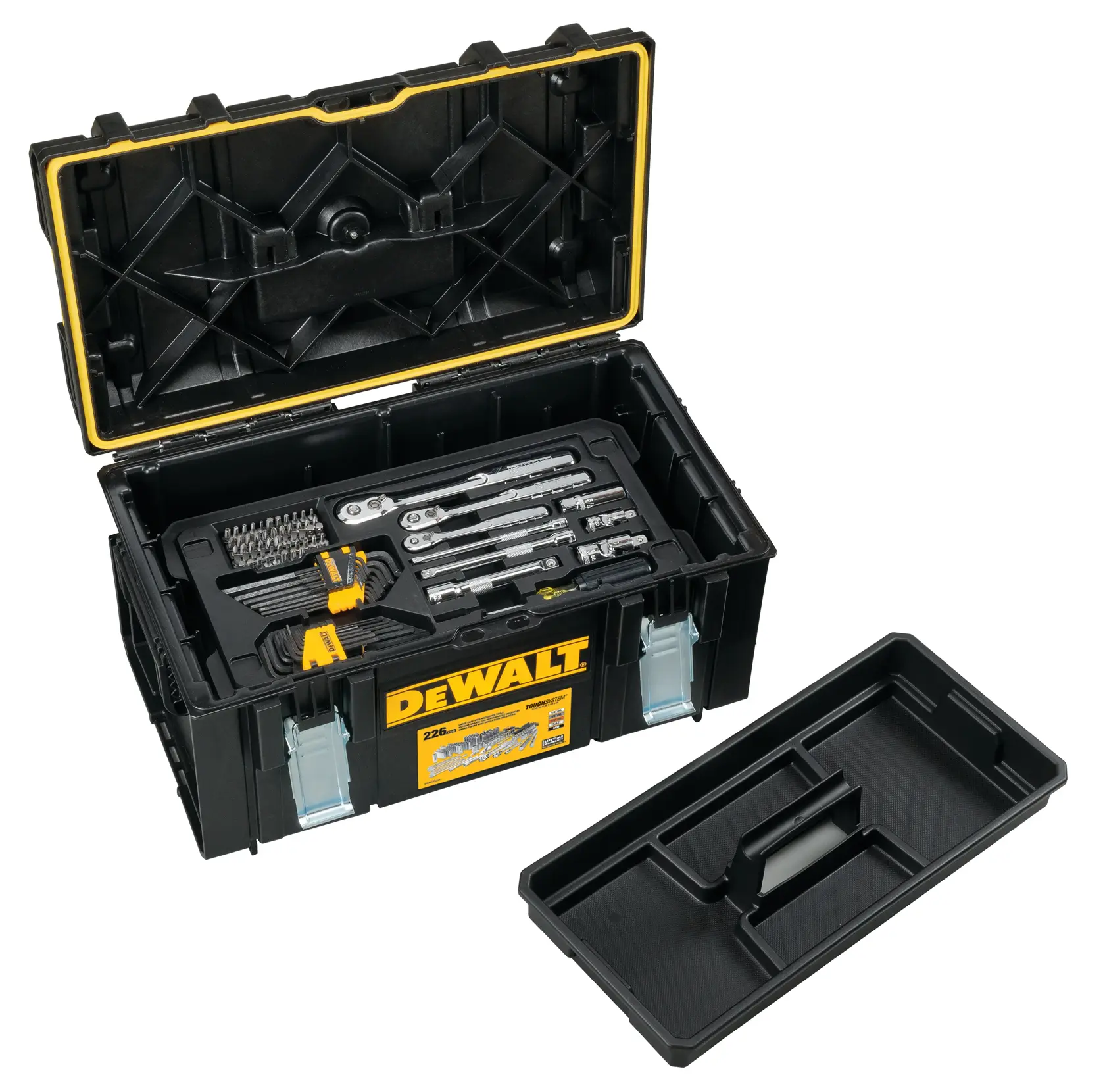 226 piece DEWALT mechanics tools set in a tough system large case with removable trays.