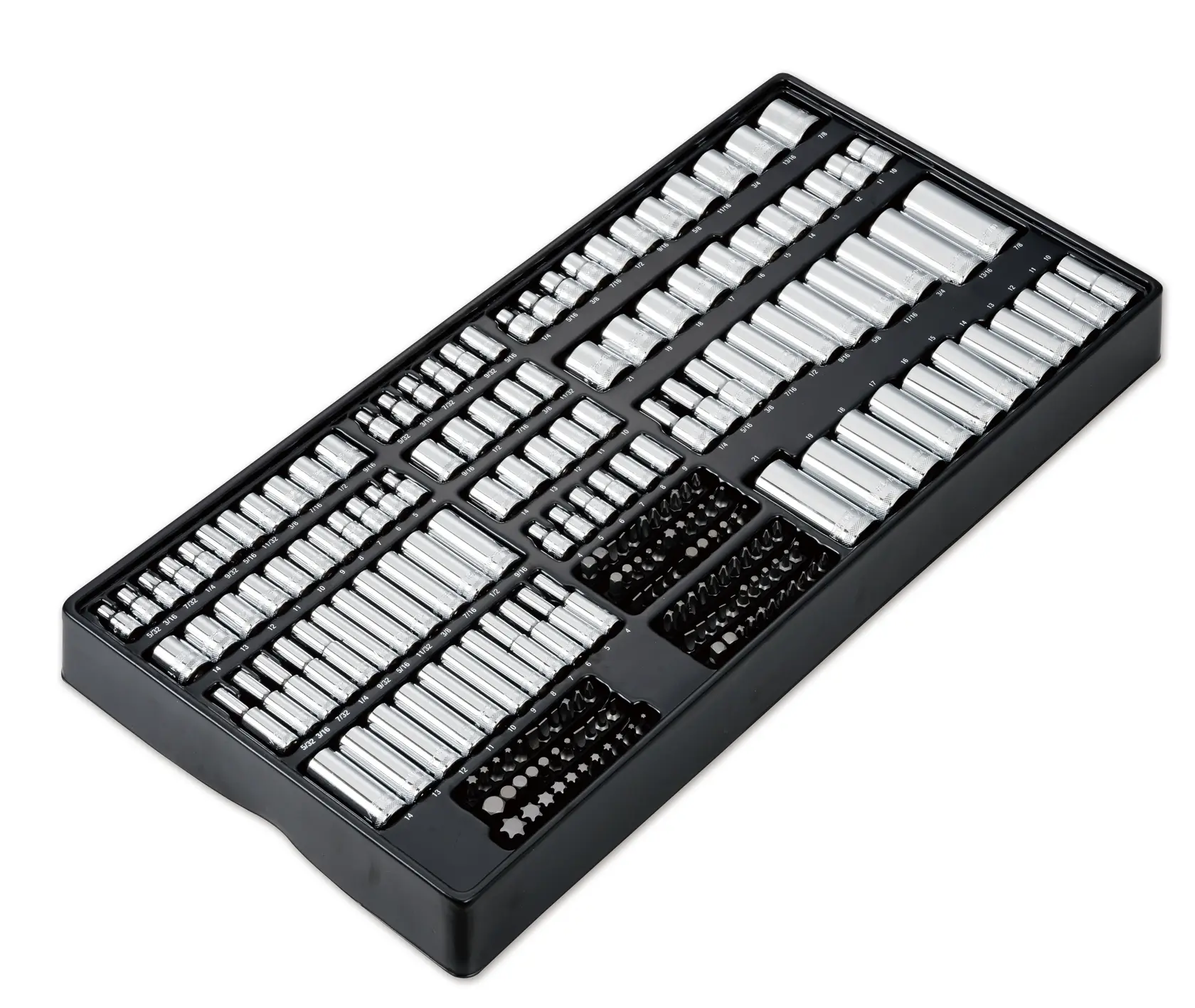Profile of 341 piece DEWALT mechanics tools set in a removable tray.