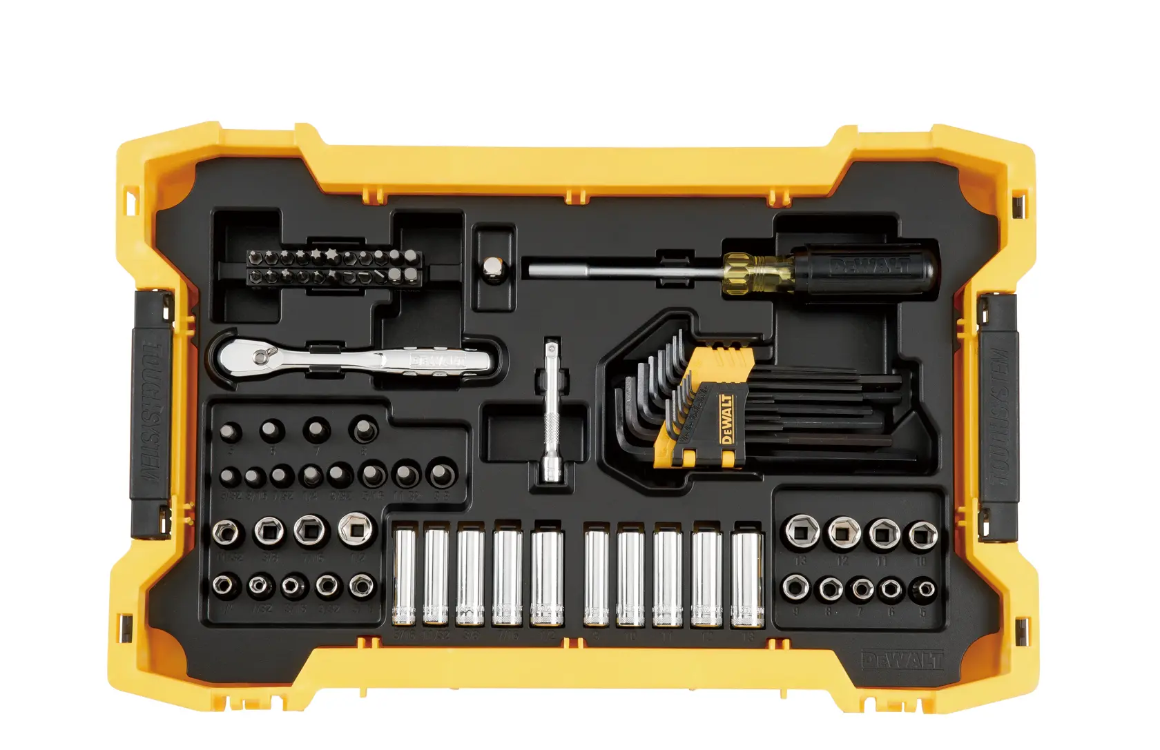 A yellow and black tool case containing a variety of hand tools and sockets. The set includes a ratchet, screwdriver, socket bits, Allen keys, and other small tools neatly arranged in compartments.