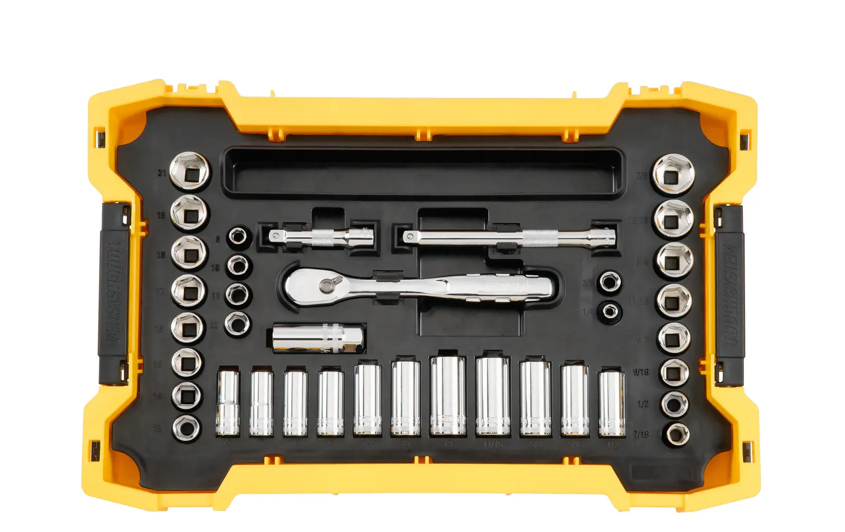 A yellow and black hard plastic case containing a ratchet socket set with multiple sockets, extensions, and a ratchet handle neatly arranged inside.