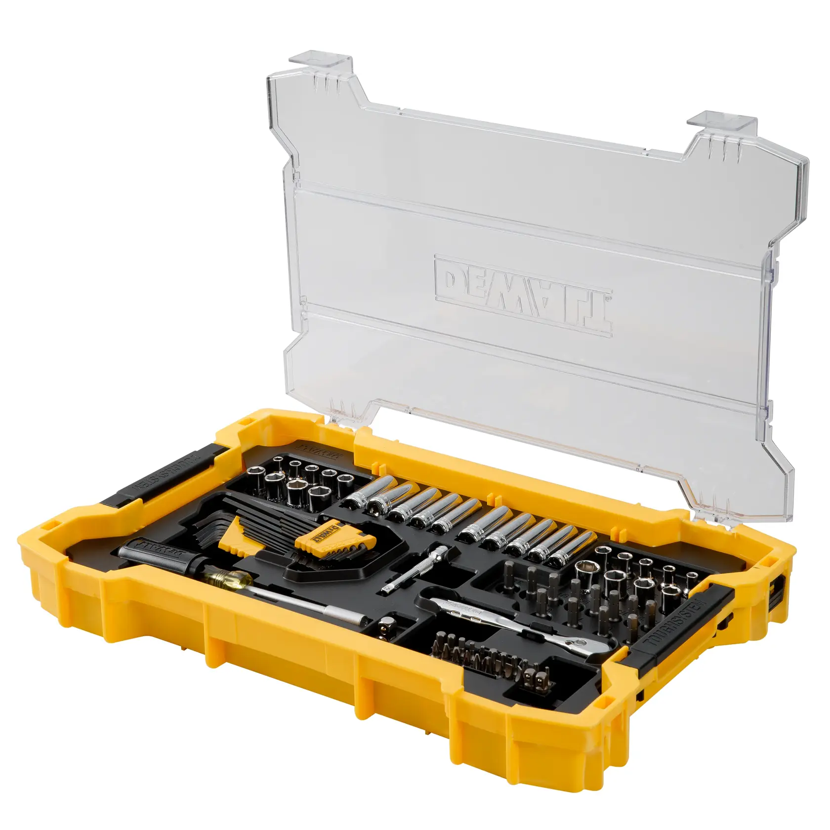 A yellow and black tool set with a transparent lid, containing various sockets, screw bits, and hand tools organized neatly in compartments.