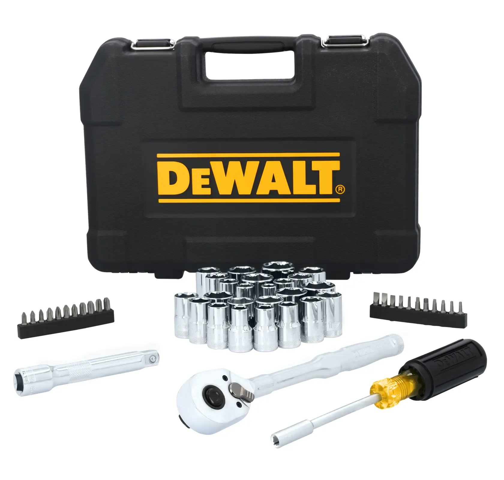 DEWALT® TOUGHSERIES™ DWMT45405 Mechanics Set contents laid out on white at a profile view