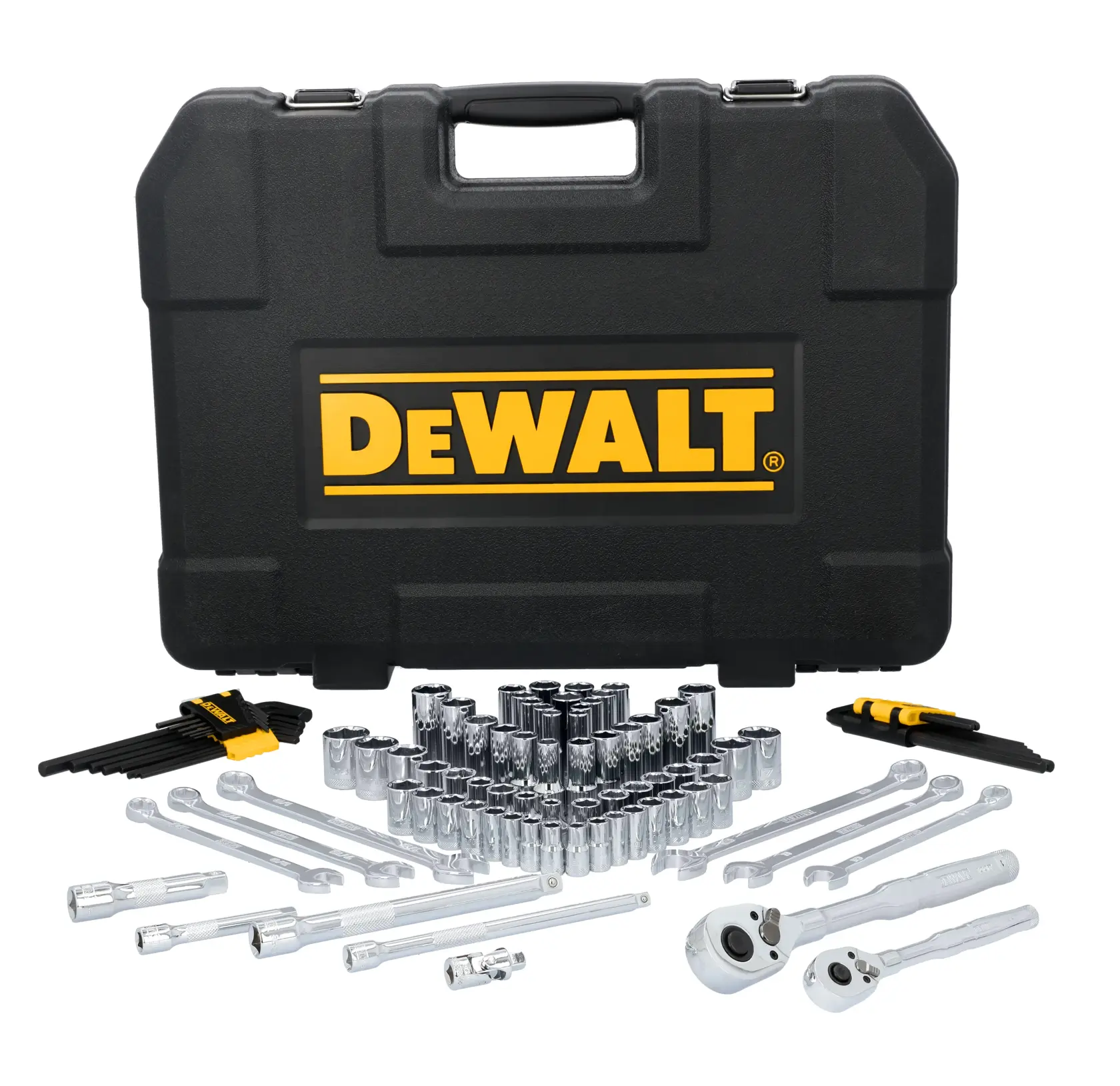 A DEWALT branded black carrying case displayed behind a comprehensive mechanic tool set, including sockets, ratchets, wrenches, extension bars, hex keys, and other accessories, all arranged in front of the case.