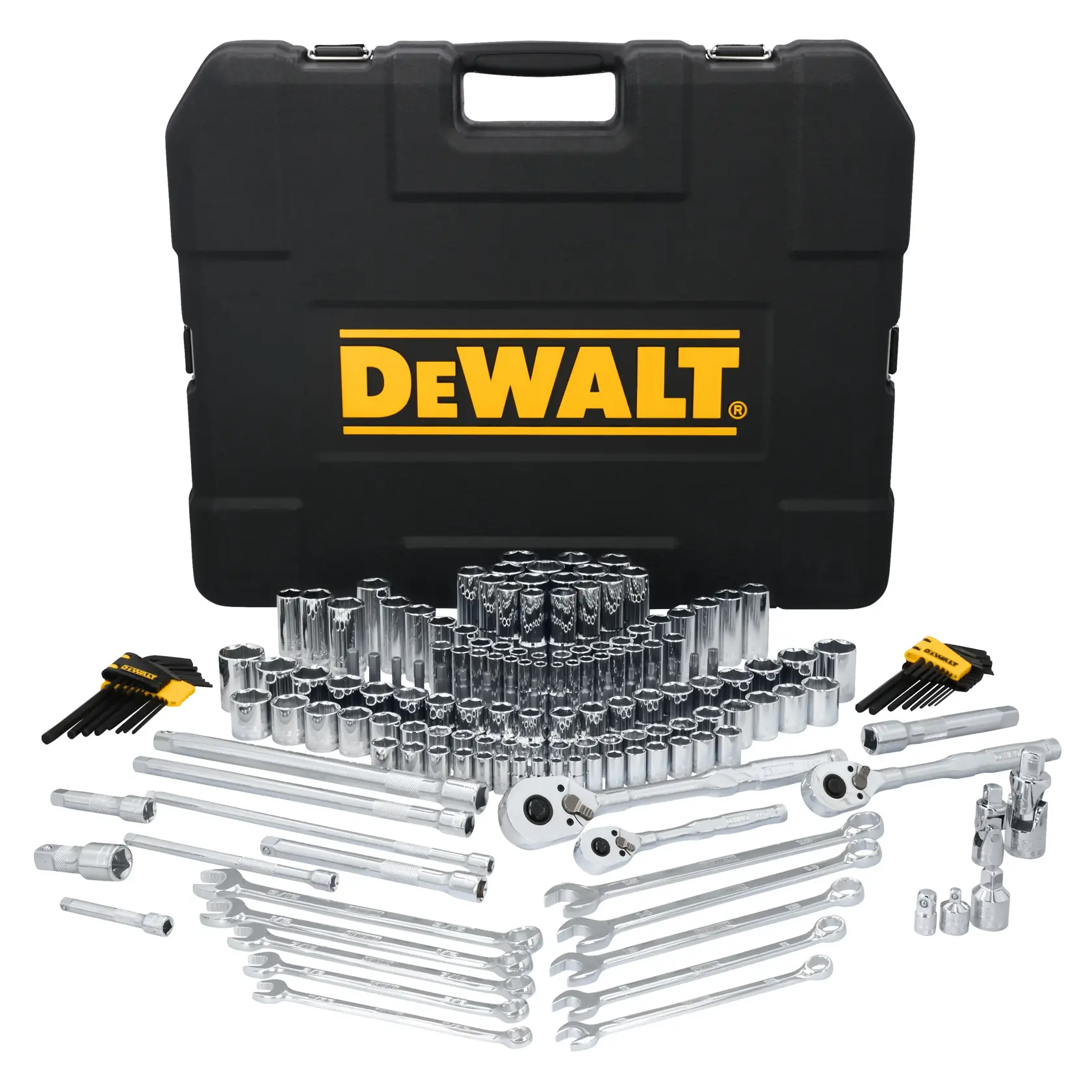 A DEWALT branded black plastic carrying case is shown behind an extensive socket and wrench set. The set includes various sizes of chrome sockets, ratchets, wrenches, extension bars, hex keys, and other hand tools, all arranged in front of the case.