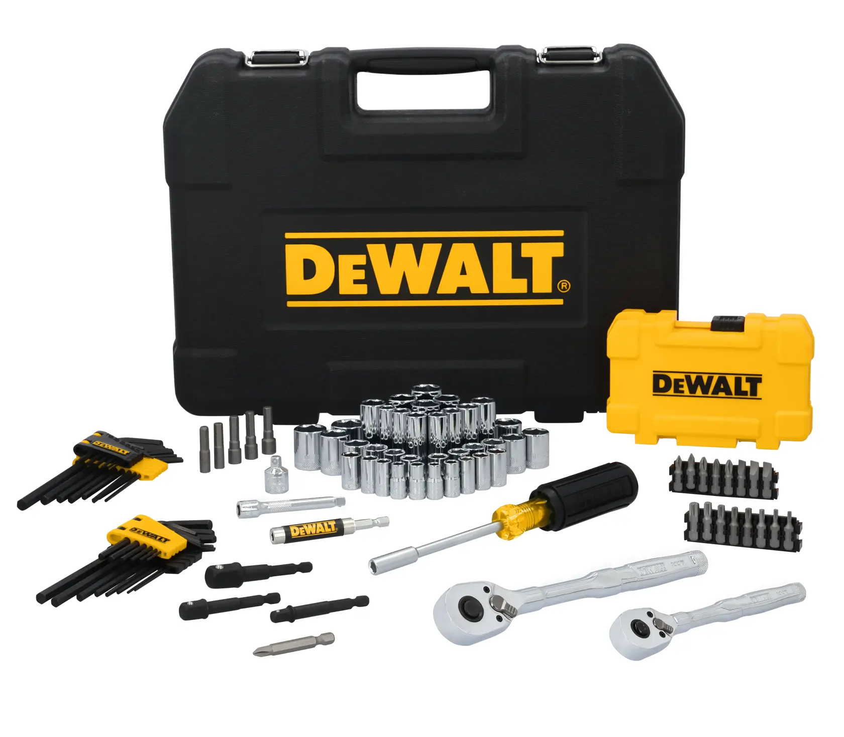 DEWALT® TOUGHSERIES™ DWMT45410 Mechanics Set contents laid out on white at a profile view