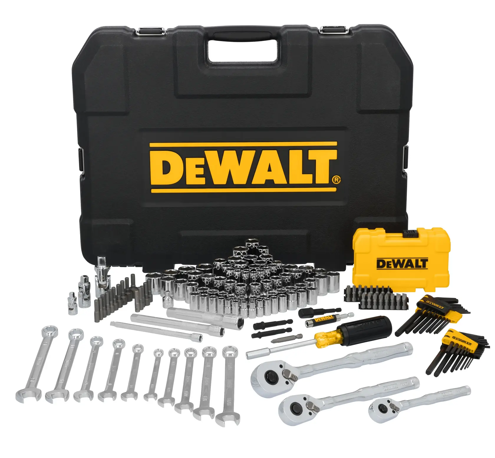 A comprehensive DEWALT tool set displayed in front of a large black carrying case with the DEWALT logo. The set includes various wrenches, ratchets, screwdriver bits, sockets, hex keys, and a smaller yellow DEWALT case.