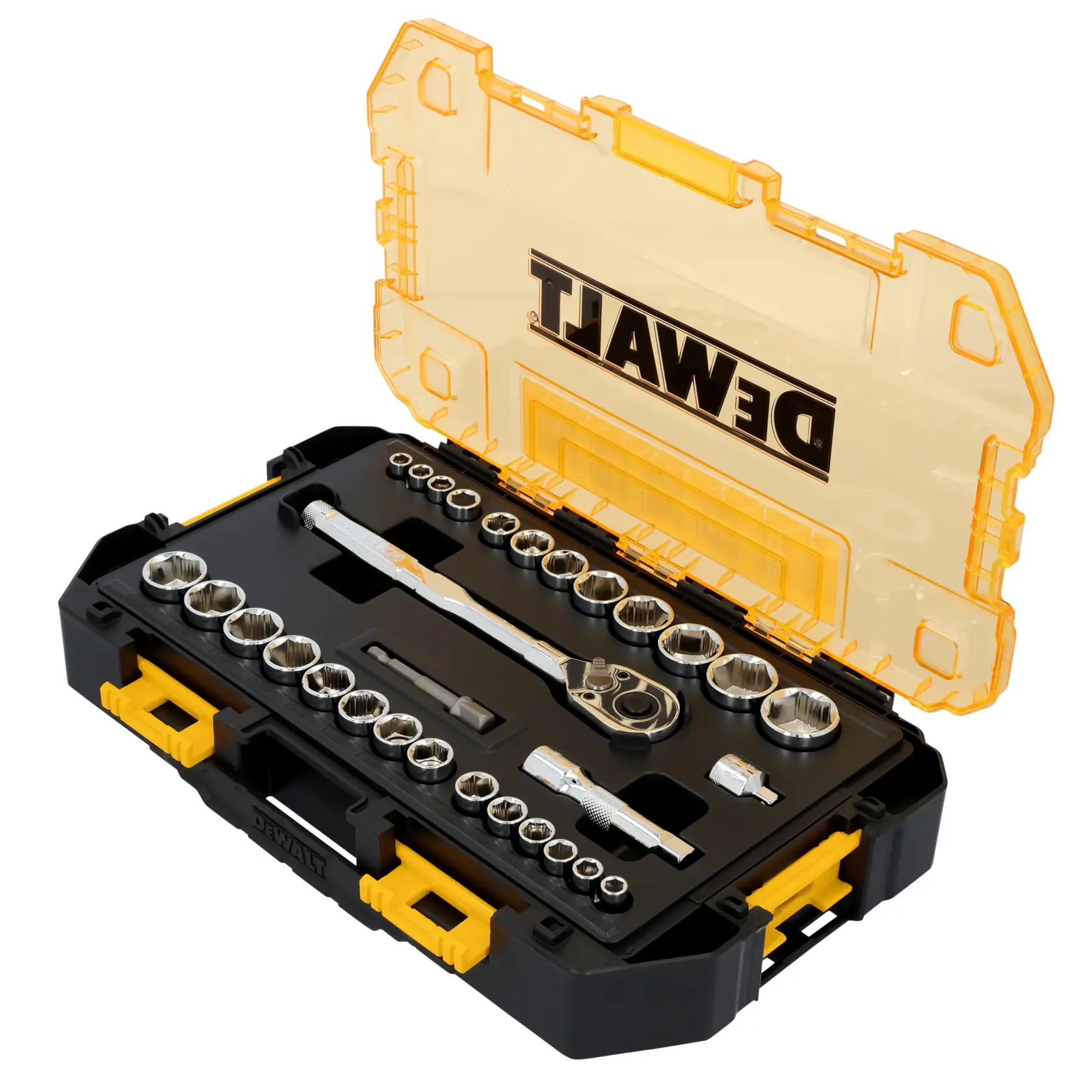 DEWALT® TOUGHSERIES™ DWMT45412 Mechanics Set in case on white at a 3/4 view from the right 