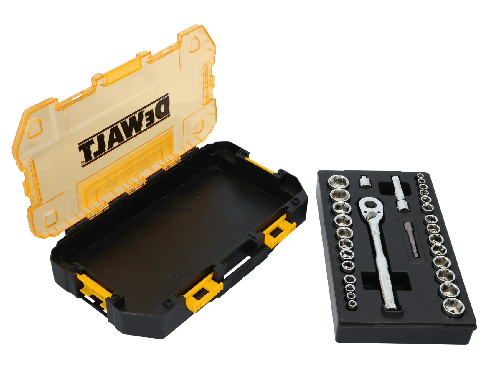 DEWALT® TOUGHSERIES™ DWMT45412 Mechanics Set in case on white at a 3/4 view from the right 