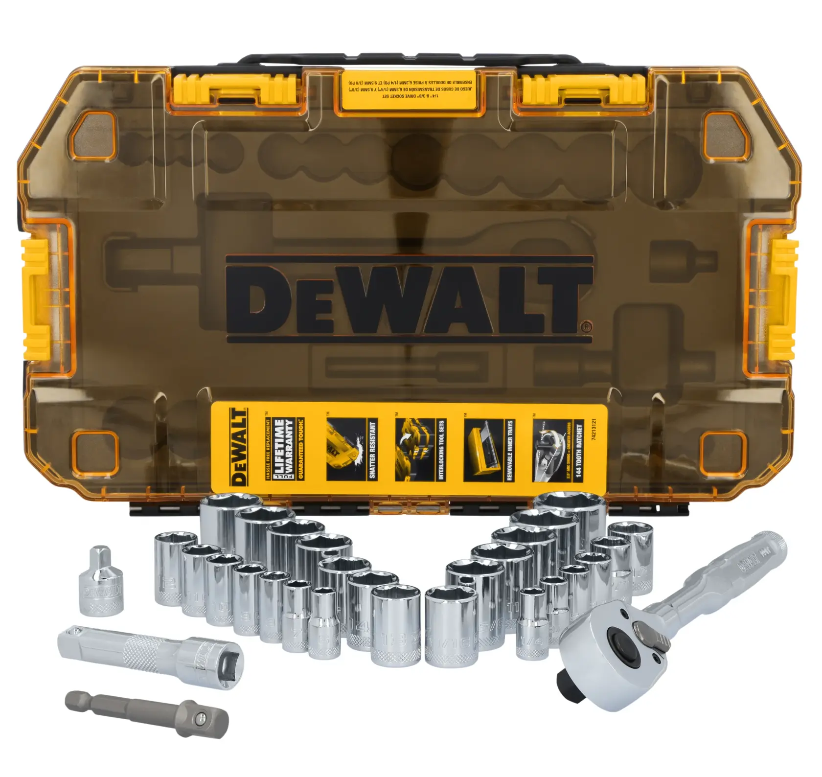 DEWALT® TOUGHSERIES™ DWMT45412 Mechanics Set contents laid out on white at a profile view