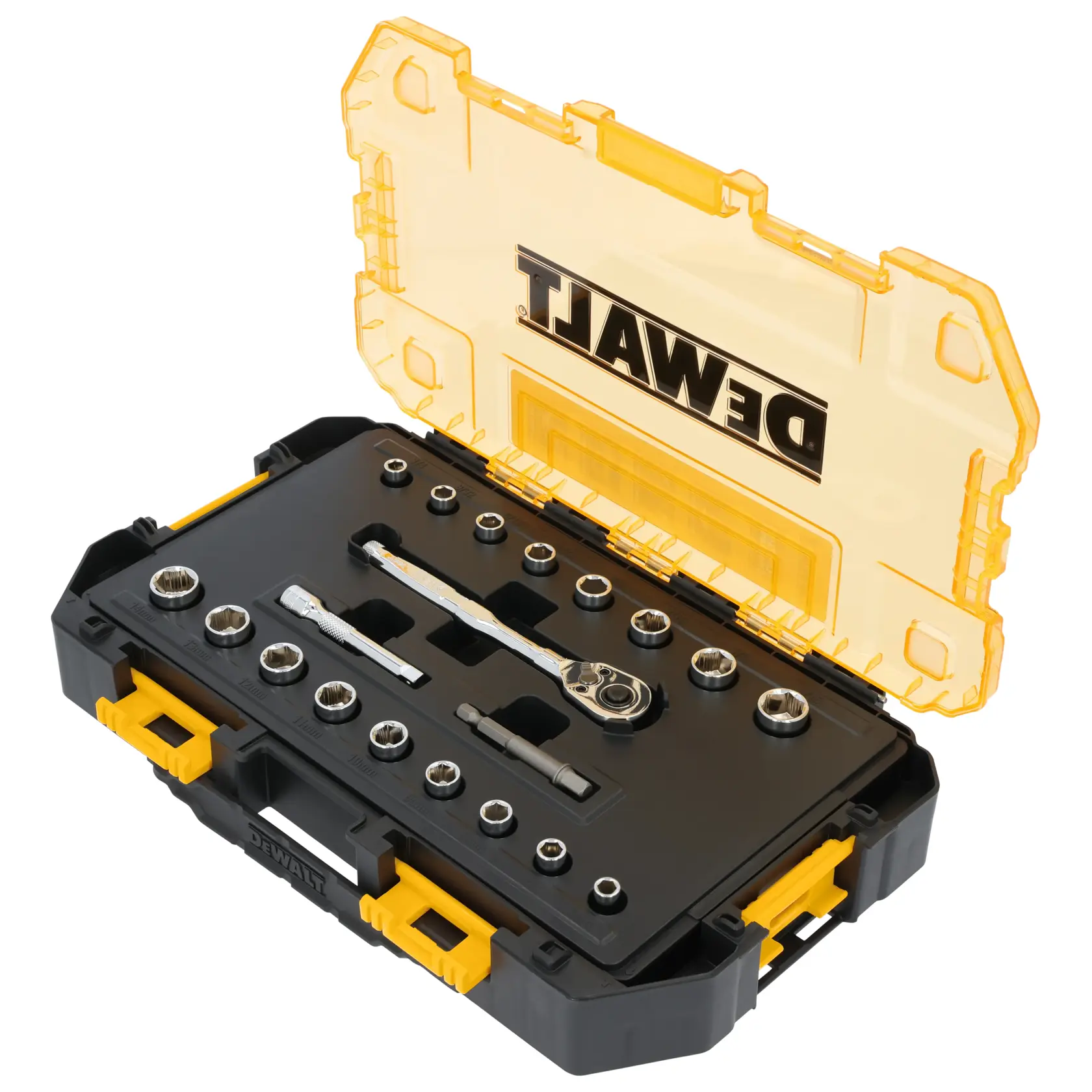 DEWALT® TOUGHSERIES™ DWMT45413 Mechanics Set in case on white at a 3/4 view from the right 