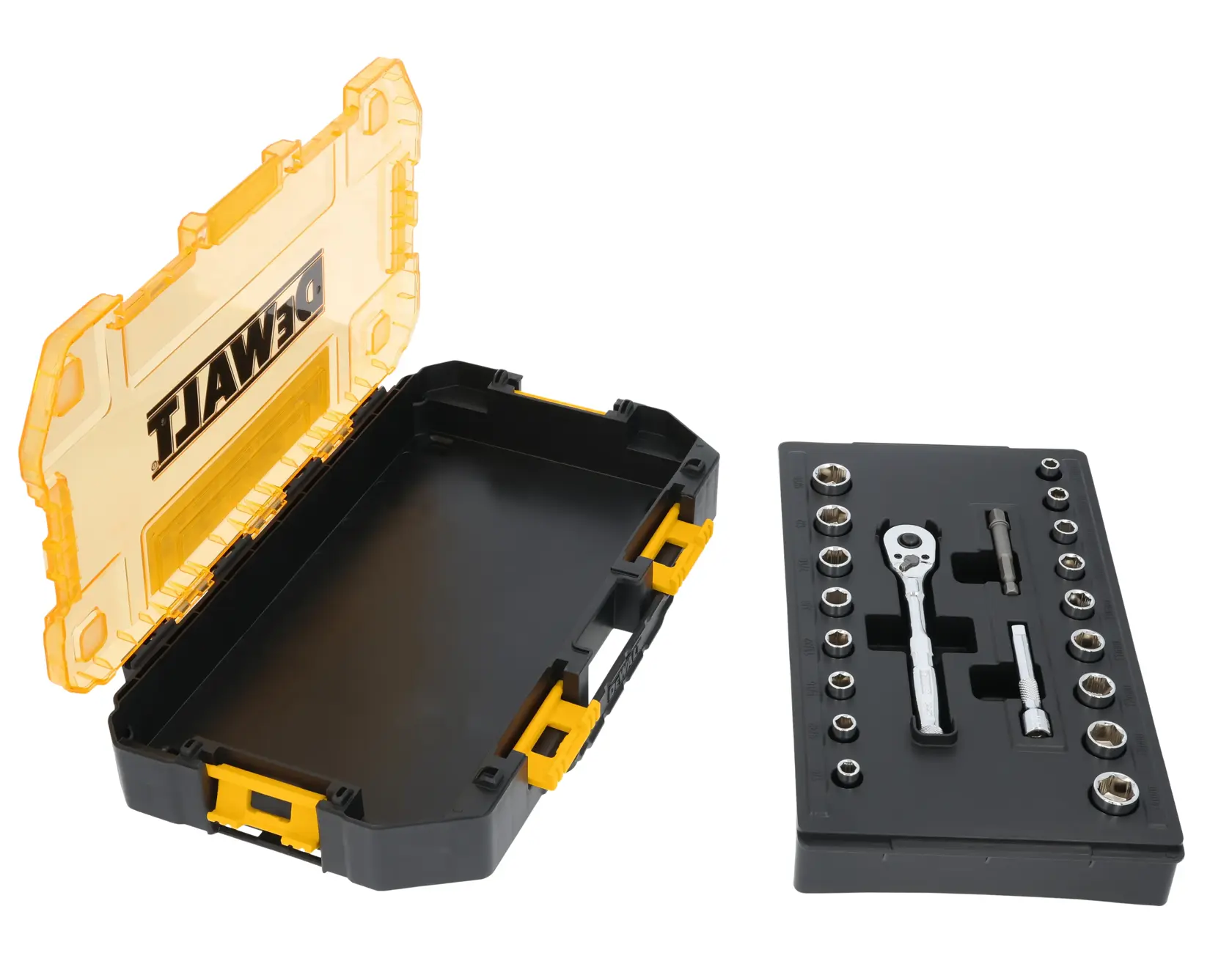 DEWALT® TOUGHSERIES™ DWMT45413 Mechanics Set case on white at a 3/4 view from the right with socket tray insert removed