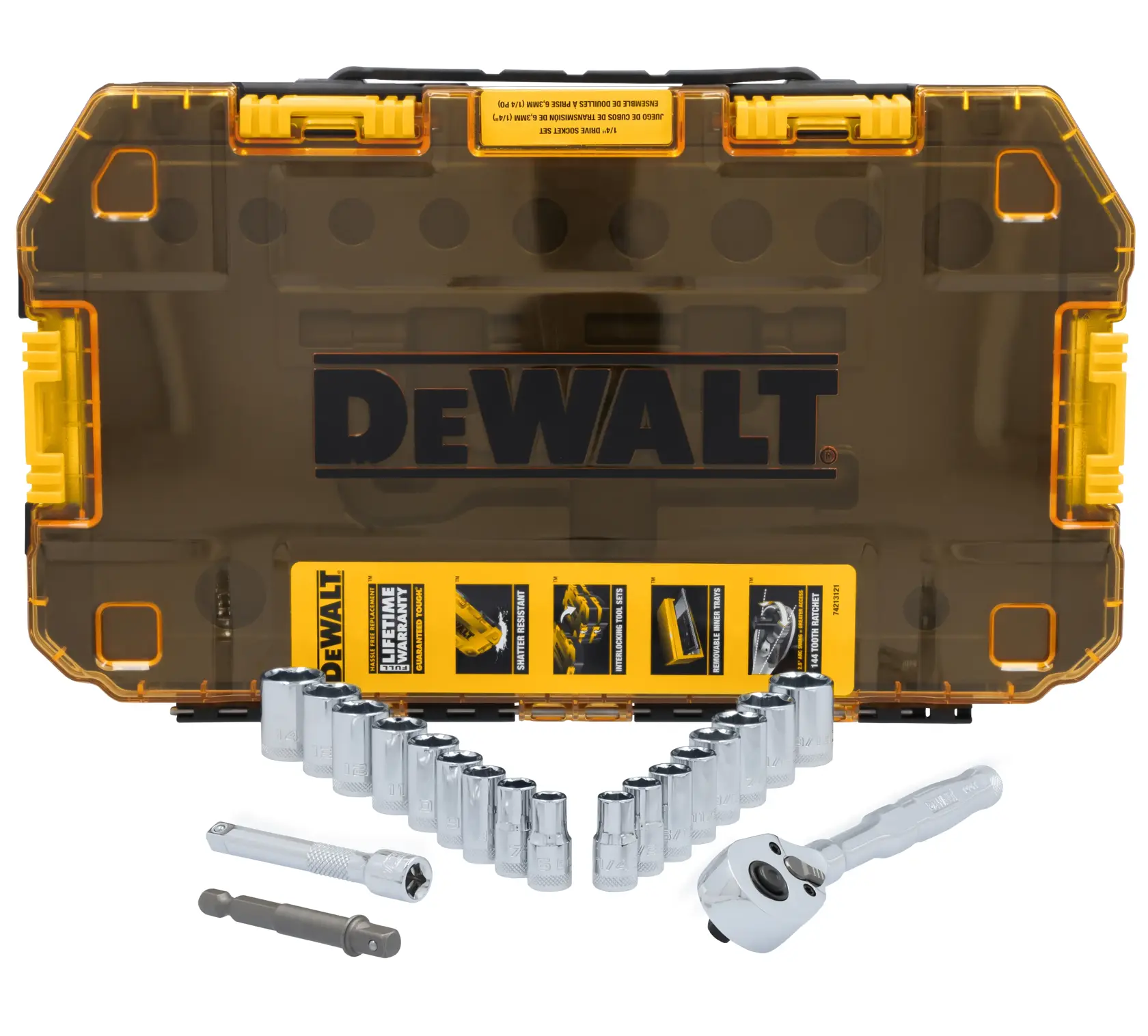 DEWALT® TOUGHSERIES™ DWMT45413 Mechanics Set contents laid out on white at a profile view