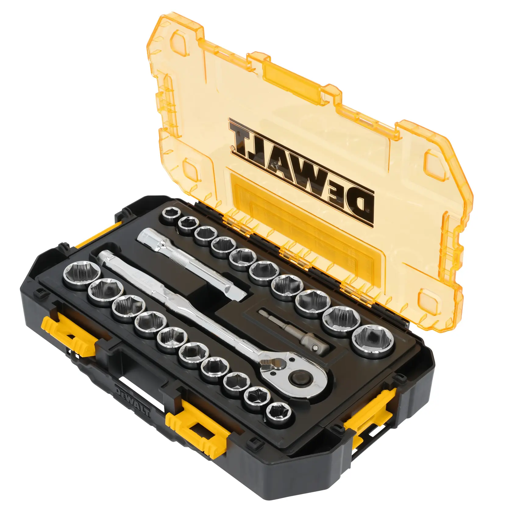 DEWALT® TOUGHSERIES™ DWMT45414 Mechanics Set in case on white at a 3/4 view from the right