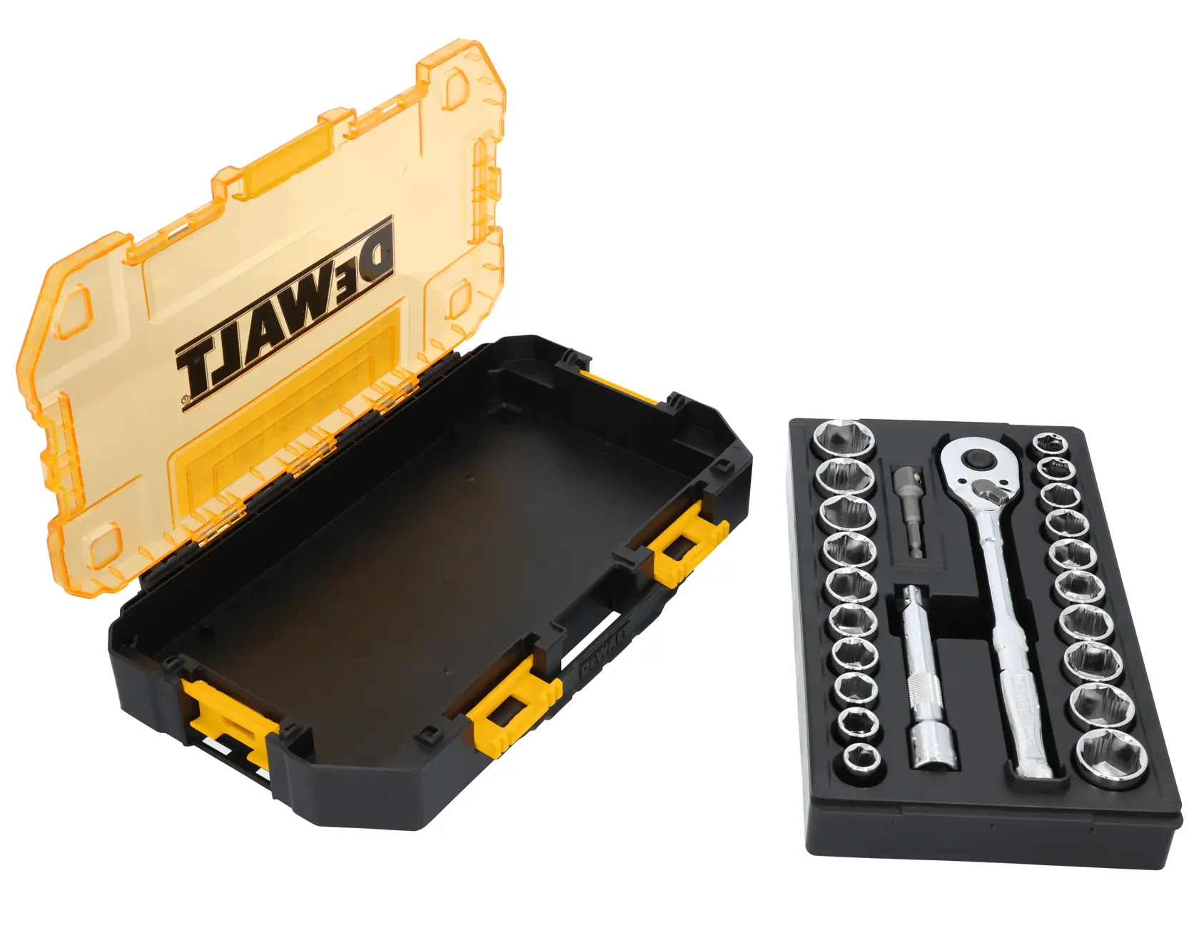 DEWALT® TOUGHSERIES™ DWMT45414 Mechanics Set case on white at a 3/4 view from the right with socket tray insert removed
