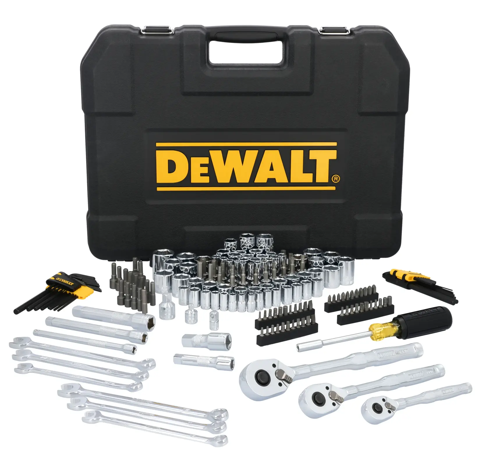 DEWALT® TOUGHSERIES™ DWMT45415 Mechanics Set contents laid out on white at a profile view
