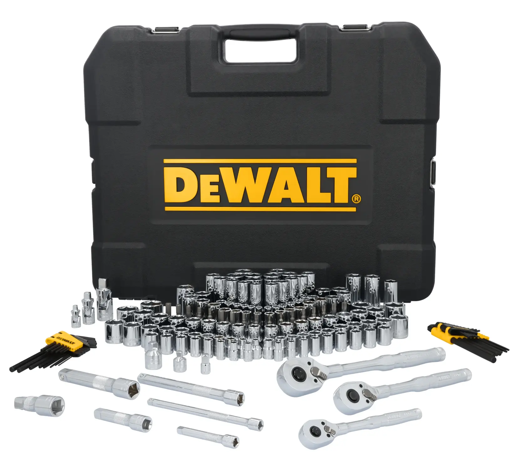 A DEWALT socket and ratchet set with numerous sockets, ratchets, hex keys, and extensions displayed in front of a large black carrying case with the DEWALT logo.