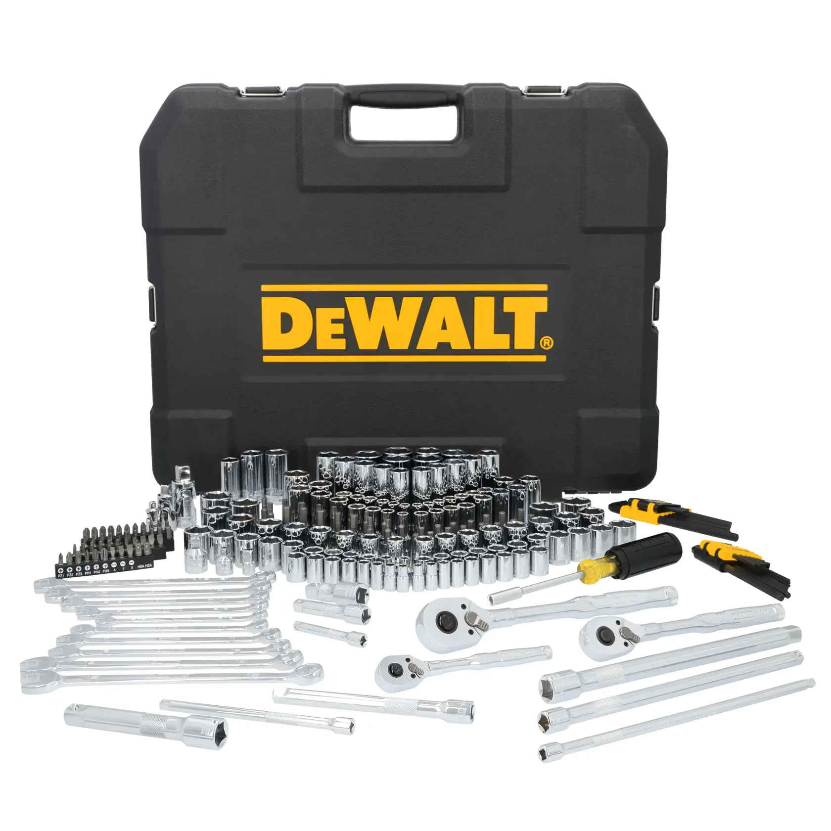 DEWALT® TOUGHSERIES™ DWMT45417 Mechanics Set contents laid out on white at a profile view