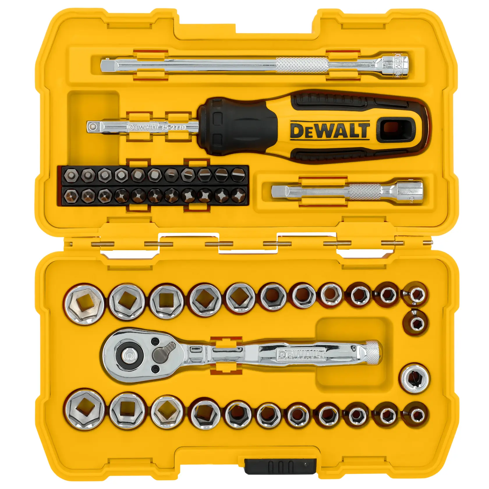 A yellow DEWALT tool case containing various hand tools, including a ratchet, screwdriver handle, extension bars, and multiple sockets and bits arranged neatly in compartments.