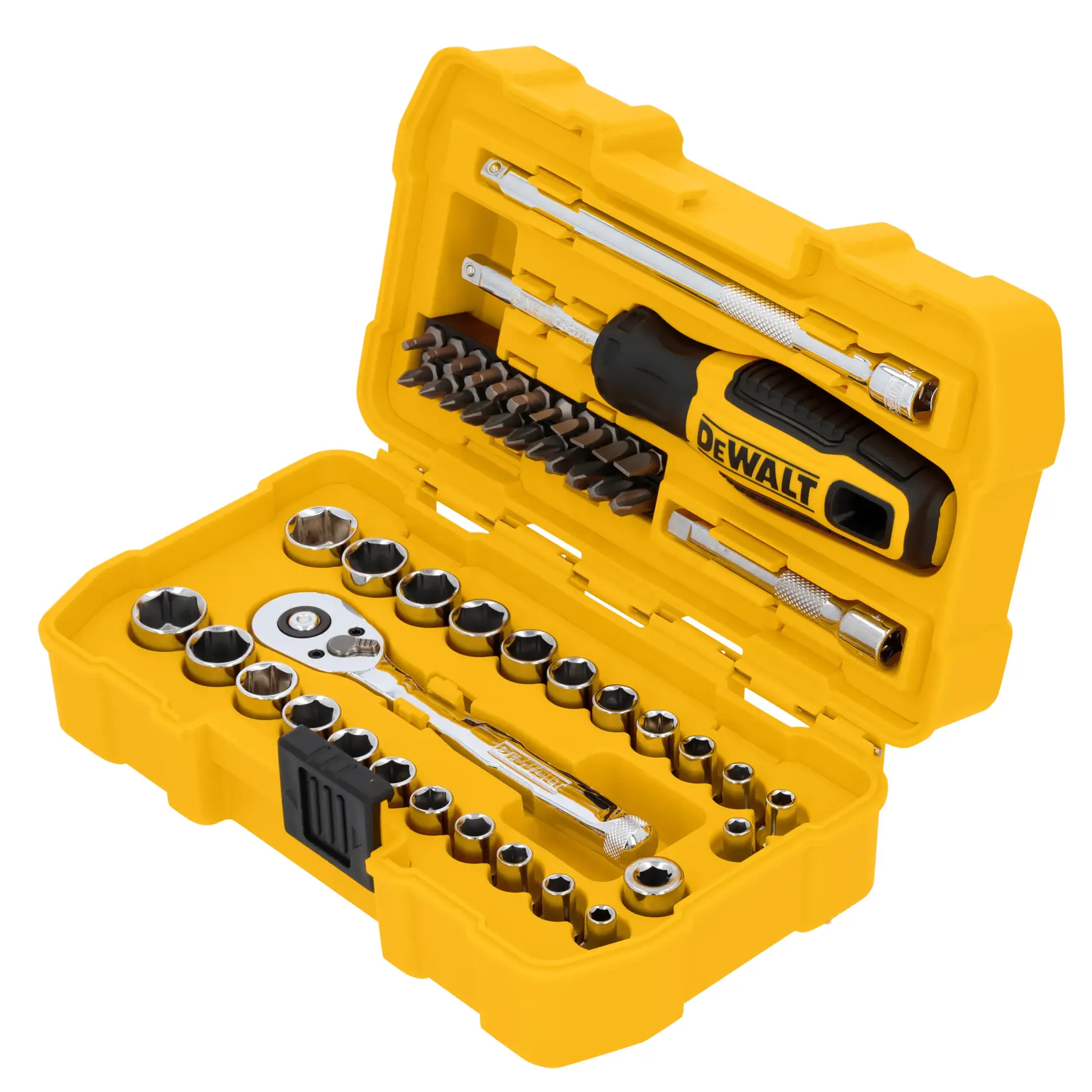 A yellow DEWALT tool case containing a variety of socket wrenches, screwdriver bits, a ratchet, and extension bars, neatly organized for photography display.