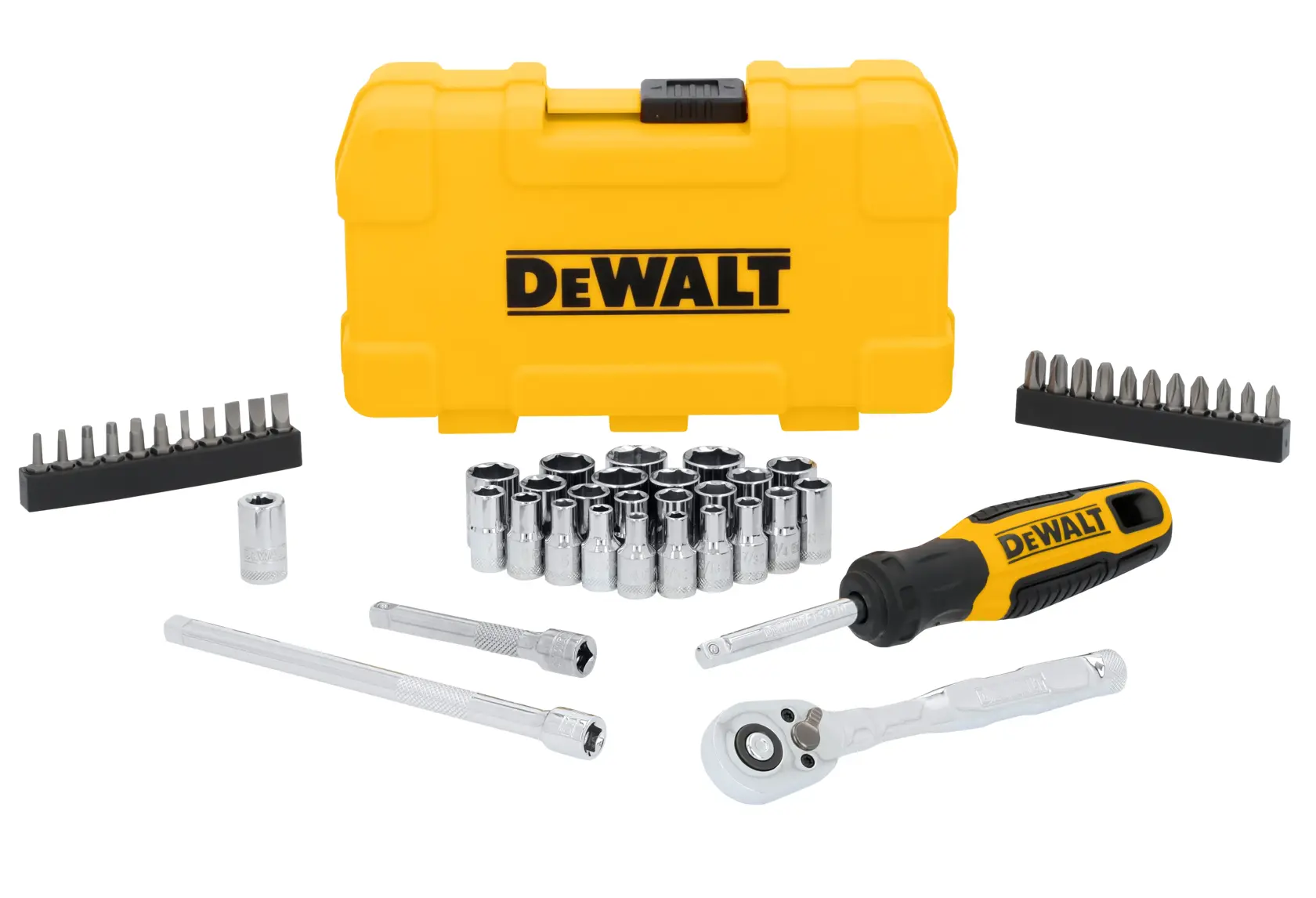 A DEWALT tool set is displayed with a yellow carrying case, a ratchet wrench, a screwdriver handle, socket extensions, socket bits, and multiple screwdriver bits arranged neatly.