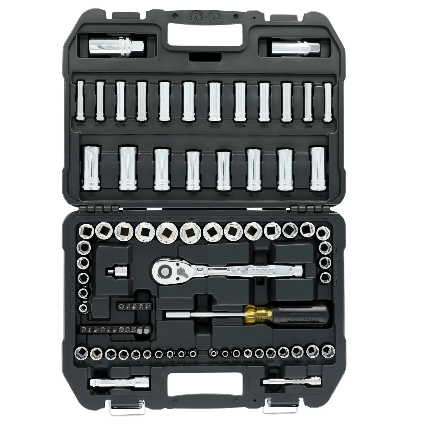 DEWALT socket set in an open black carrying case, showing various sockets, a ratchet, screwdriver handle, and accessories organized in molded compartments.