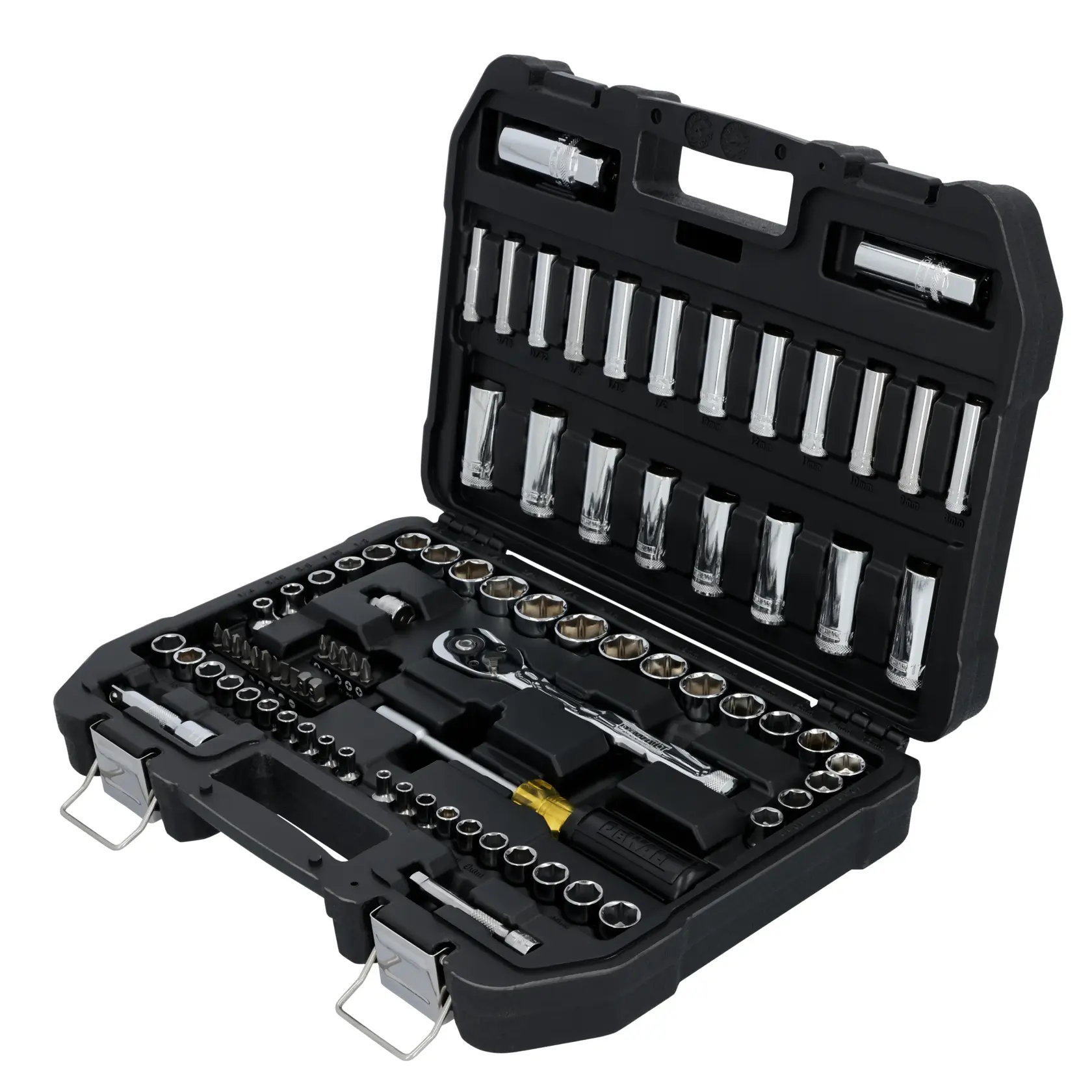 A black plastic case containing a comprehensive socket and ratchet tool set, including various sockets, bits, extensions, and a ratchet handle, all organized in designated compartments.