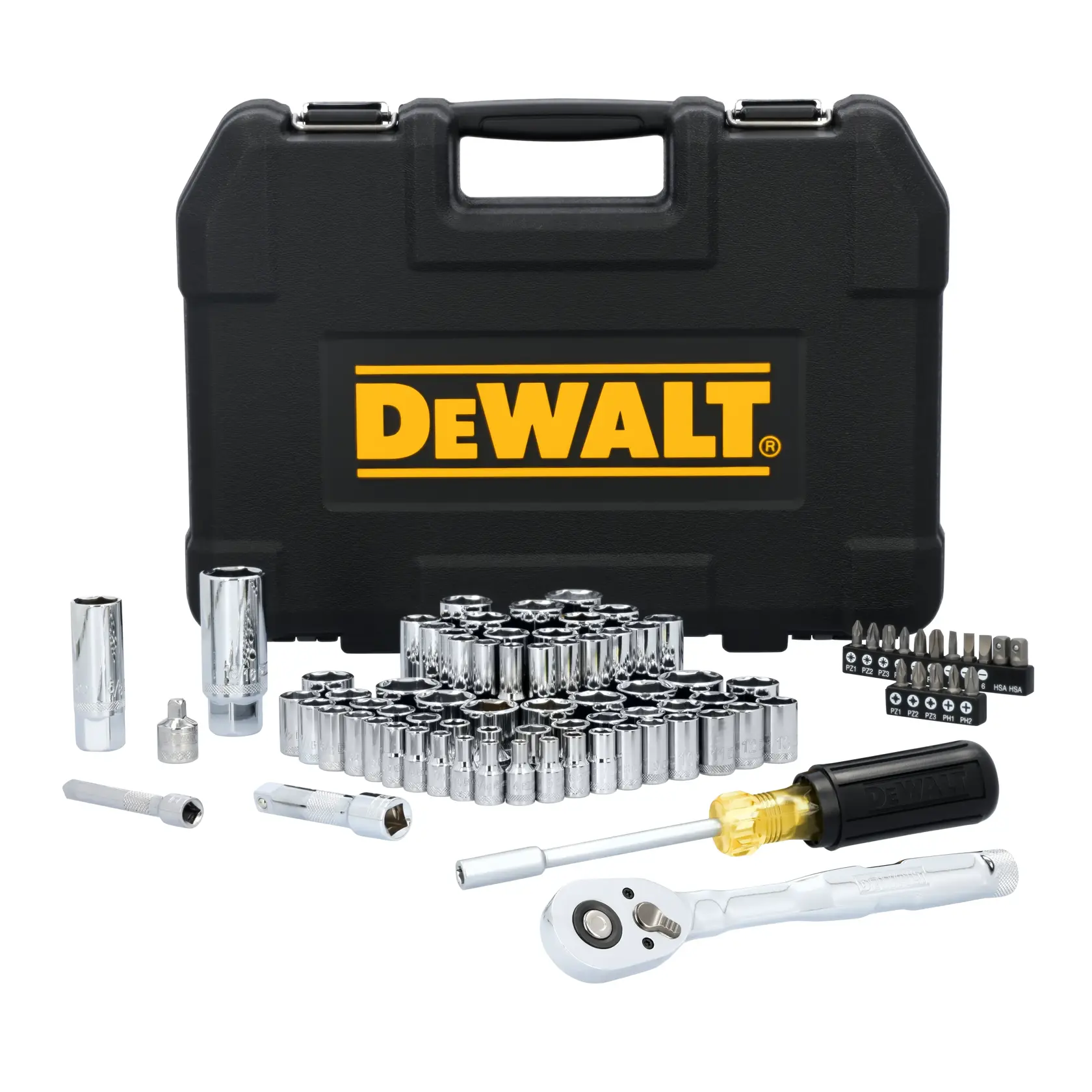 A DEWALT tool set displayed in front of a black carrying case with the DEWALT logo. The set includes various chrome socket pieces, a ratchet, screwdriver handle, extension bars, and bit set.