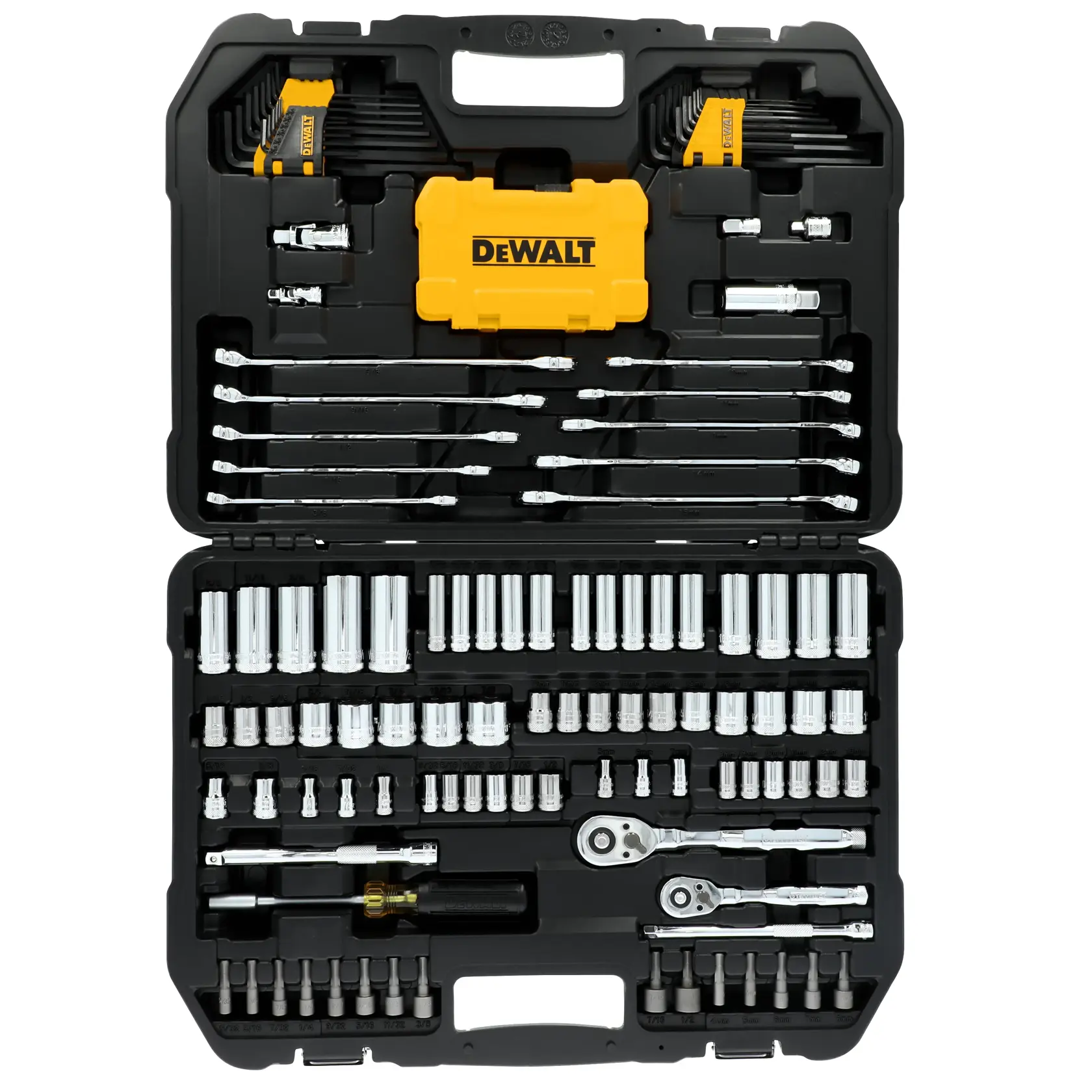 A DEWALT branded tool set in an open black carrying case. The set includes various socket wrenches, ratchets, extension bars, screwdriver bits, and a yellow accessory box, all organized neatly by size and type.