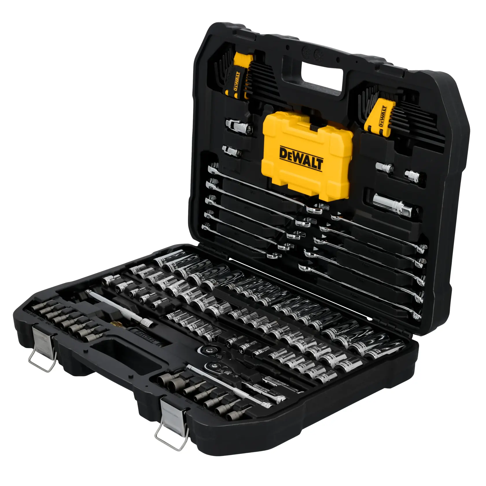A black hard plastic tool case with metallic latches is open, showing an organized set of DEWALT branded hand tools including socket wrenches, ratchets, bits, and combination wrenches, all arranged neatly inside the case. The tools are primarily silver in color and the case features a yellow DEWALT component in the upper center.