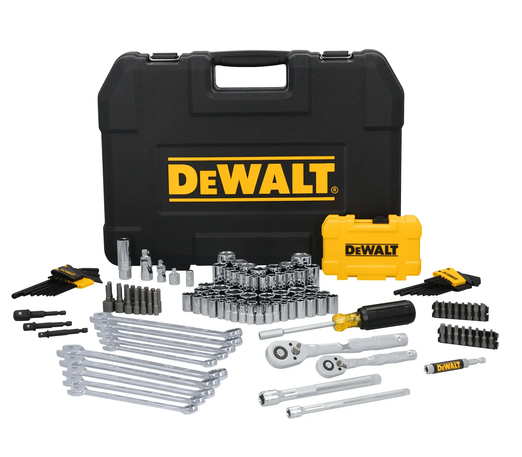 A DEWALT tool set displayed in front of a black carrying case with the DEWALT logo. The set includes various wrenches, ratchets, sockets, screwdriver bits, hex keys, and other hand tools, with a yellow tool box also visible.
